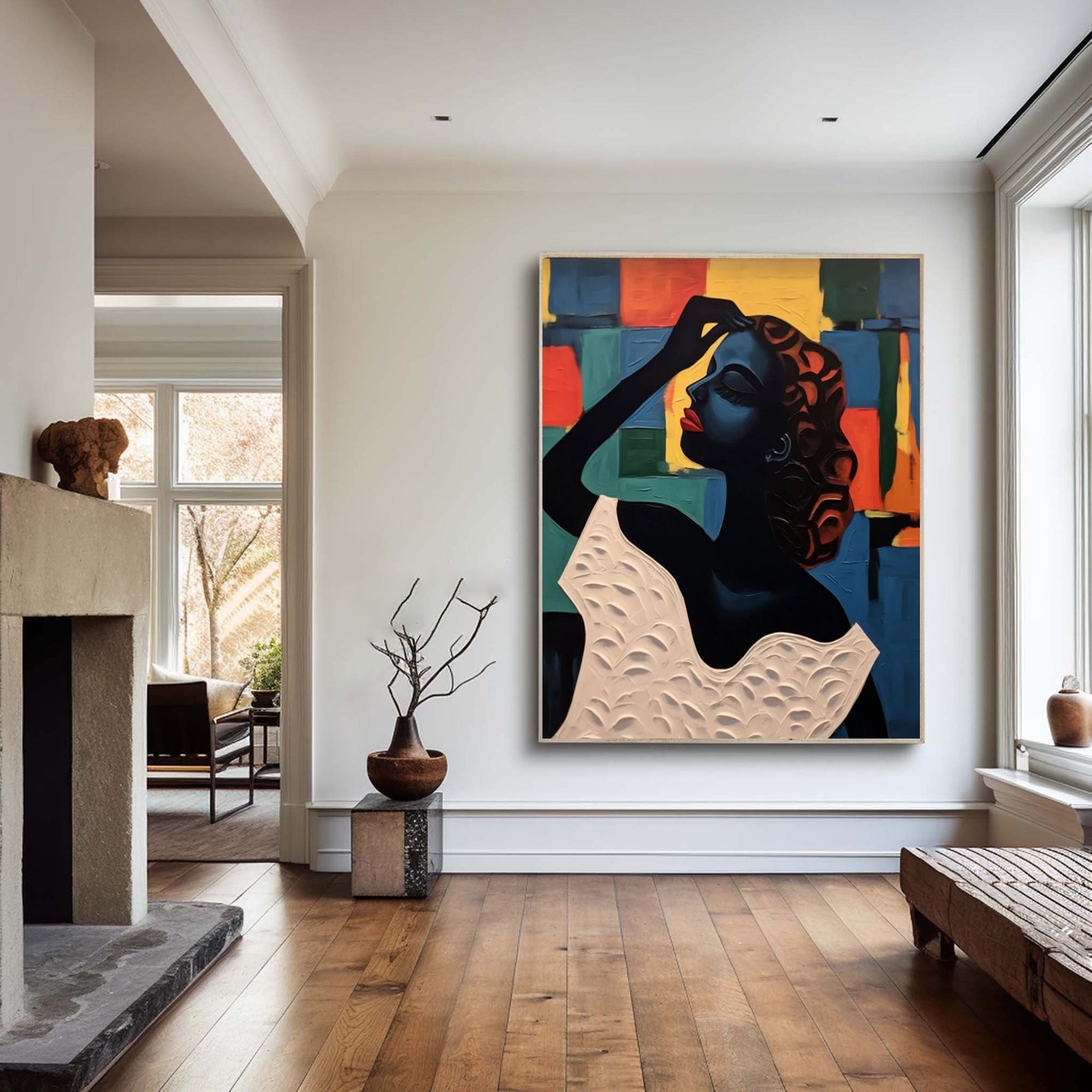 Textured Portrait with Bold Color Geometry, Modern Wall Art #BGA 257