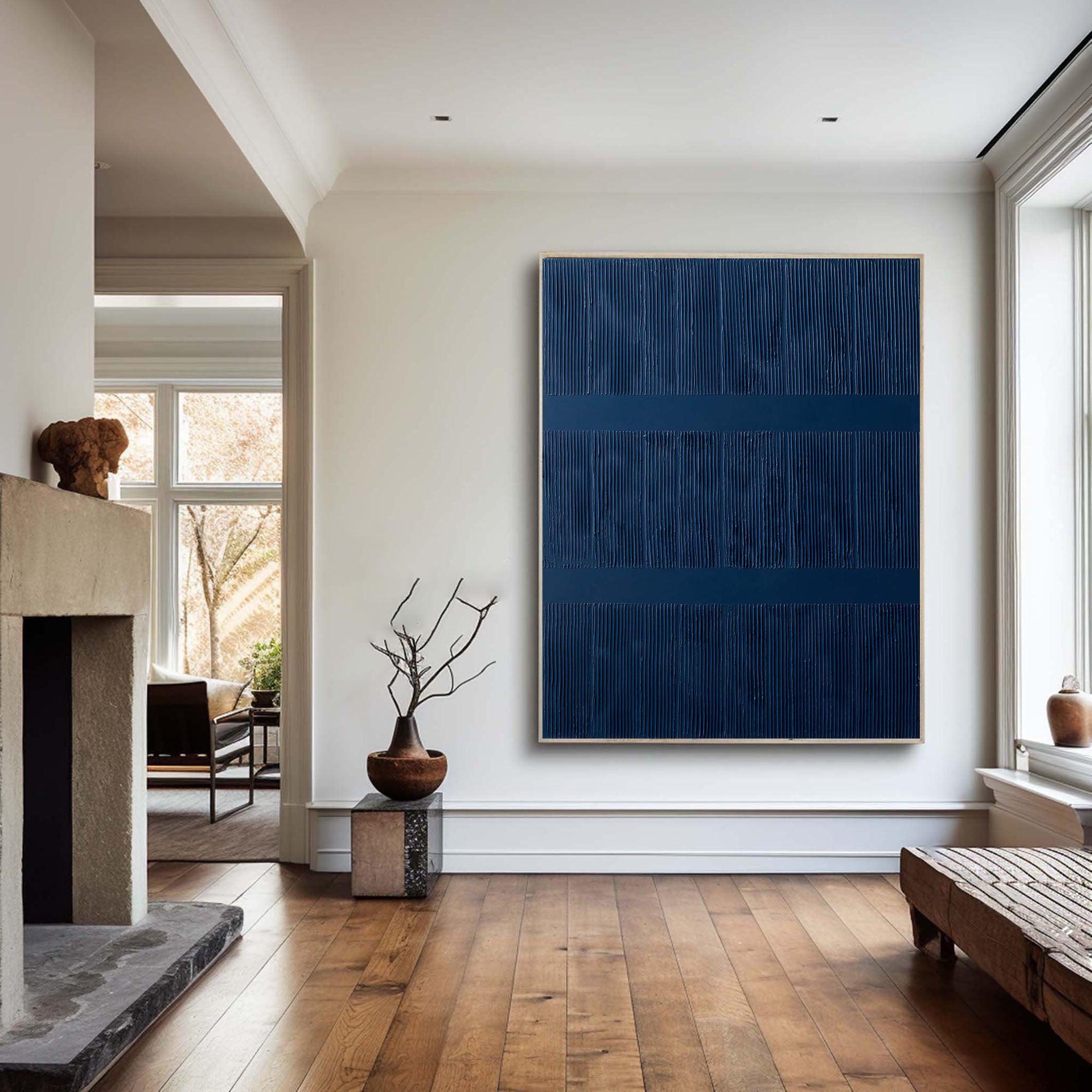 Deep Blue Abstract Minimalist Wall Art With 3D Vertical Lines #BGA 087
