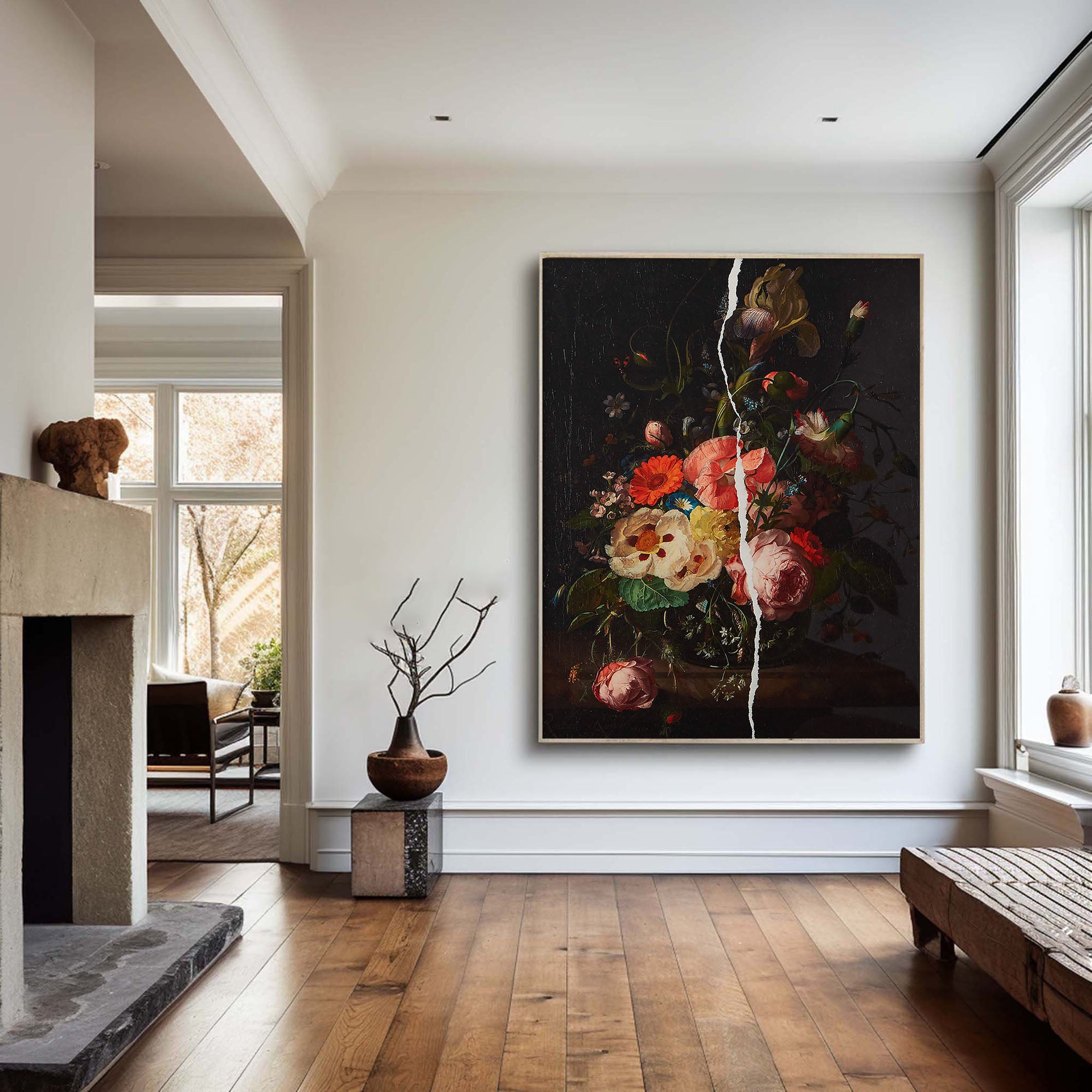 Colorful Flowers In Dark and White Crack, Contemporary Canvas #BGA 090