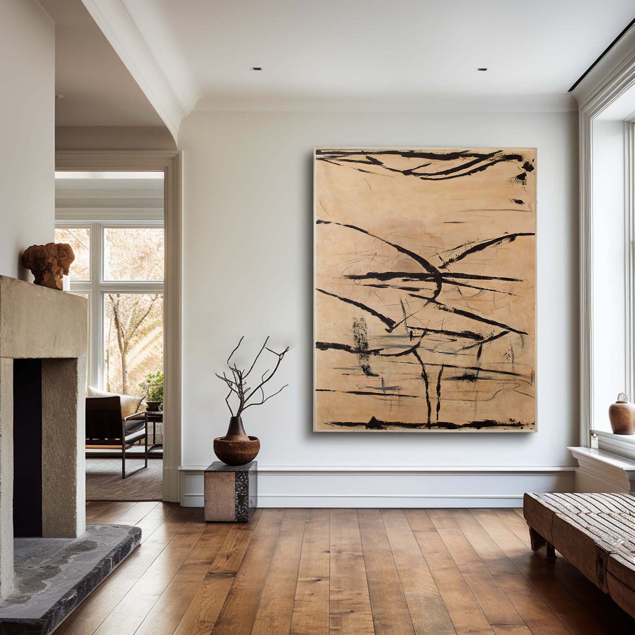 Beige and Black Abstract Line Canvas, Modern Minimalist Style #BGA 088