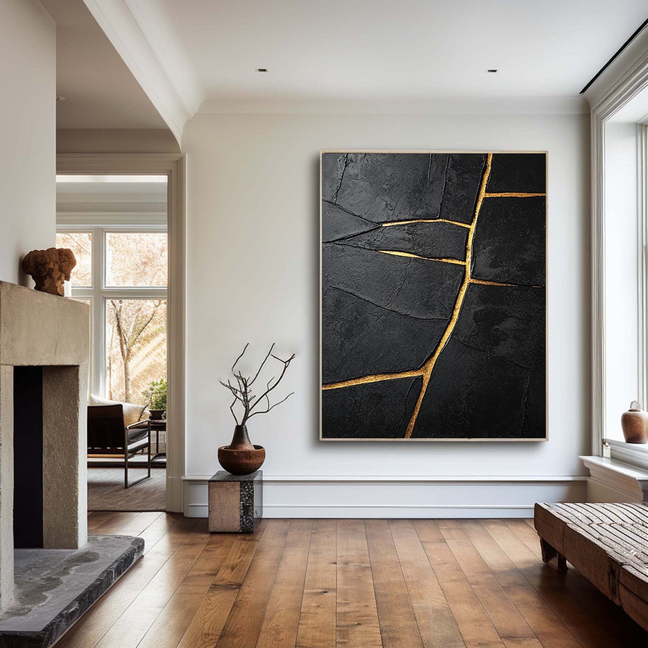 Contemporary Black Impasto with Striking Linear Gold #BGA 268