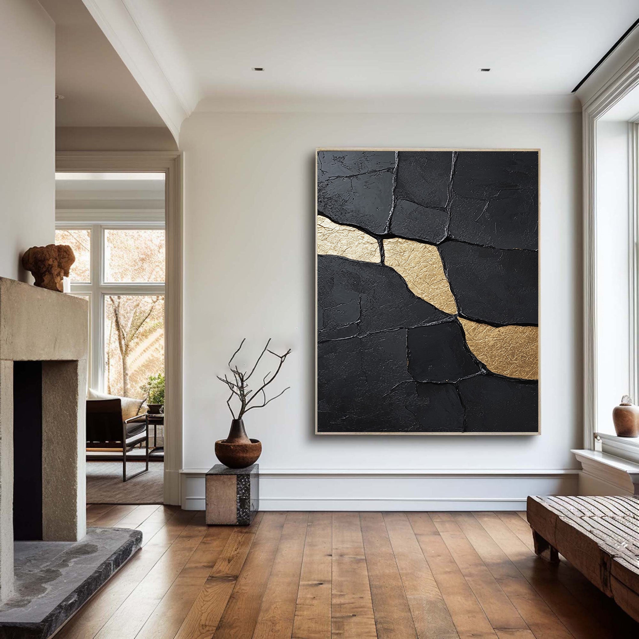 Contemporary Black Impasto Art with Striking Organic Gold #BGA 269