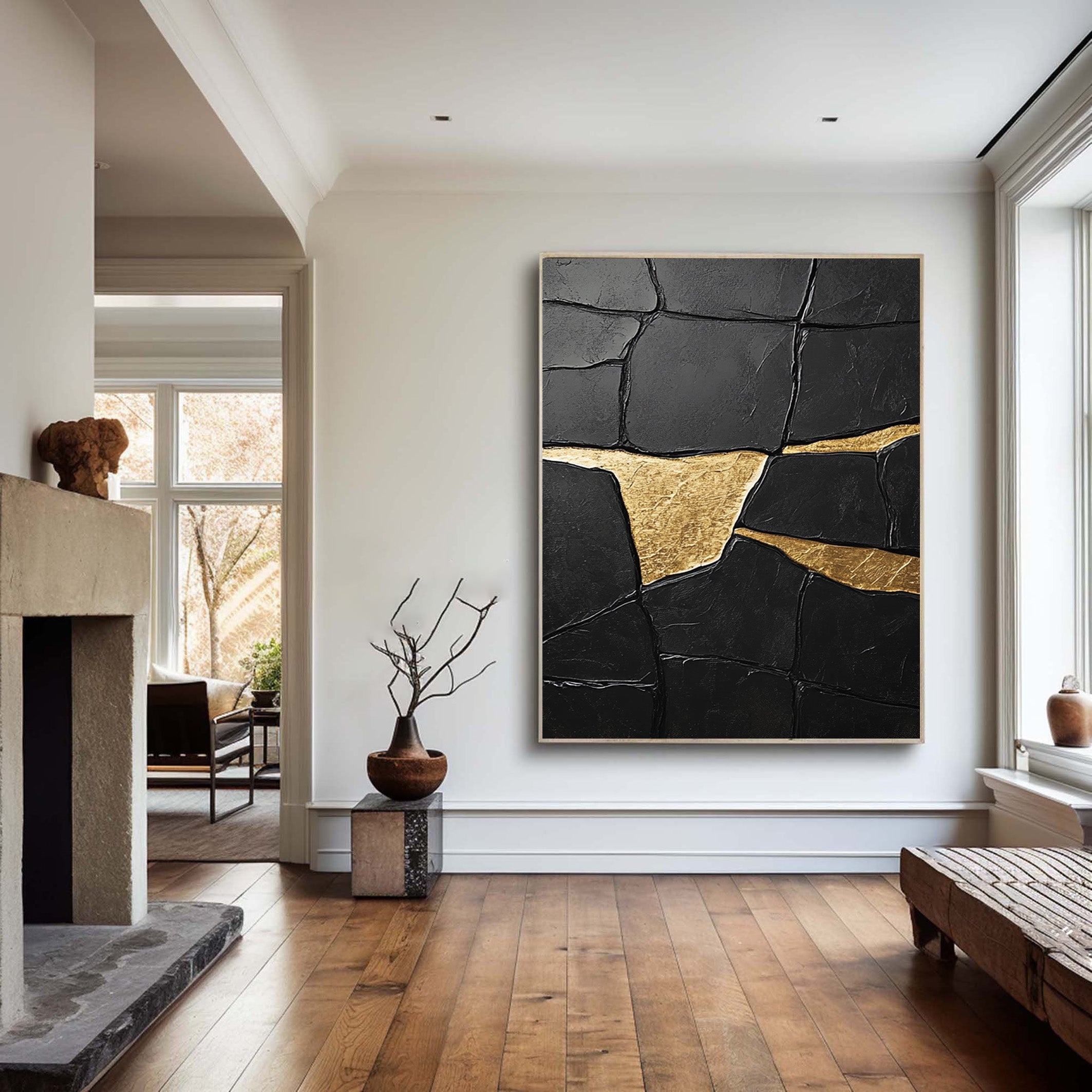 Black Impasto Art with Bold Golden Fractures, Textured Abstract #BGA 267