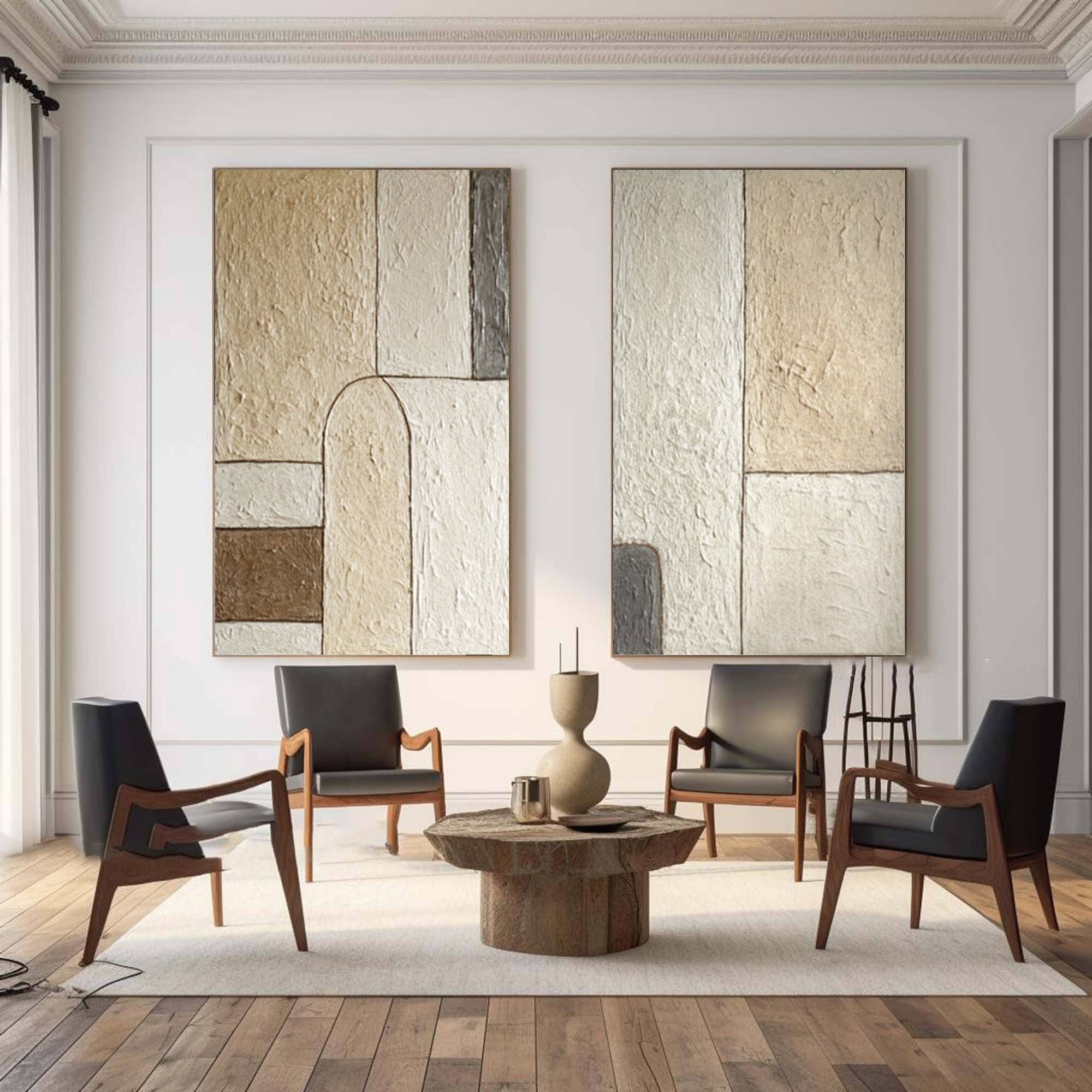 Textured Geometric Paintings Duo Contemporary Beige #WG 047