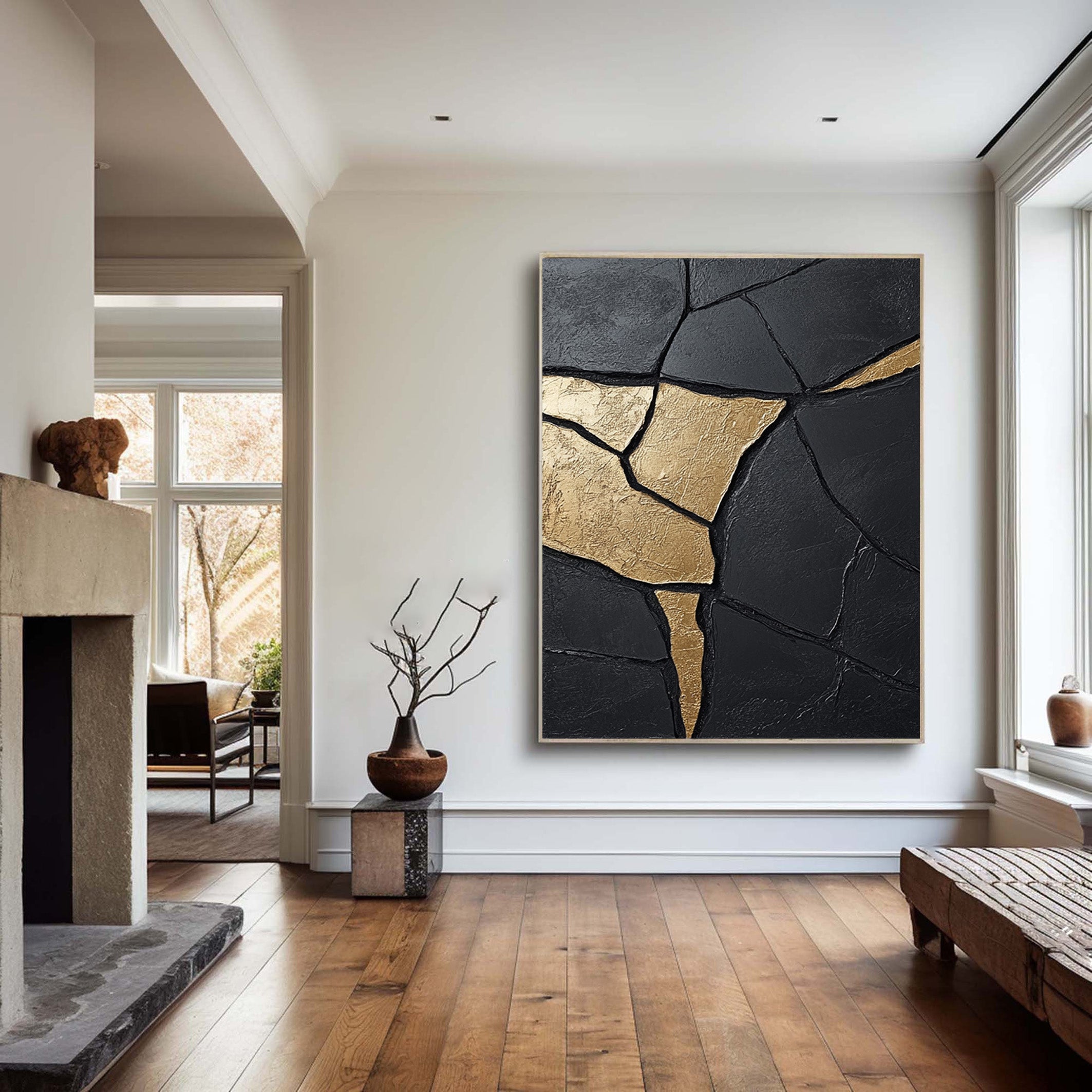 Large Contemporary Black Impasto with Flowing Gold Accents #BGA 271
