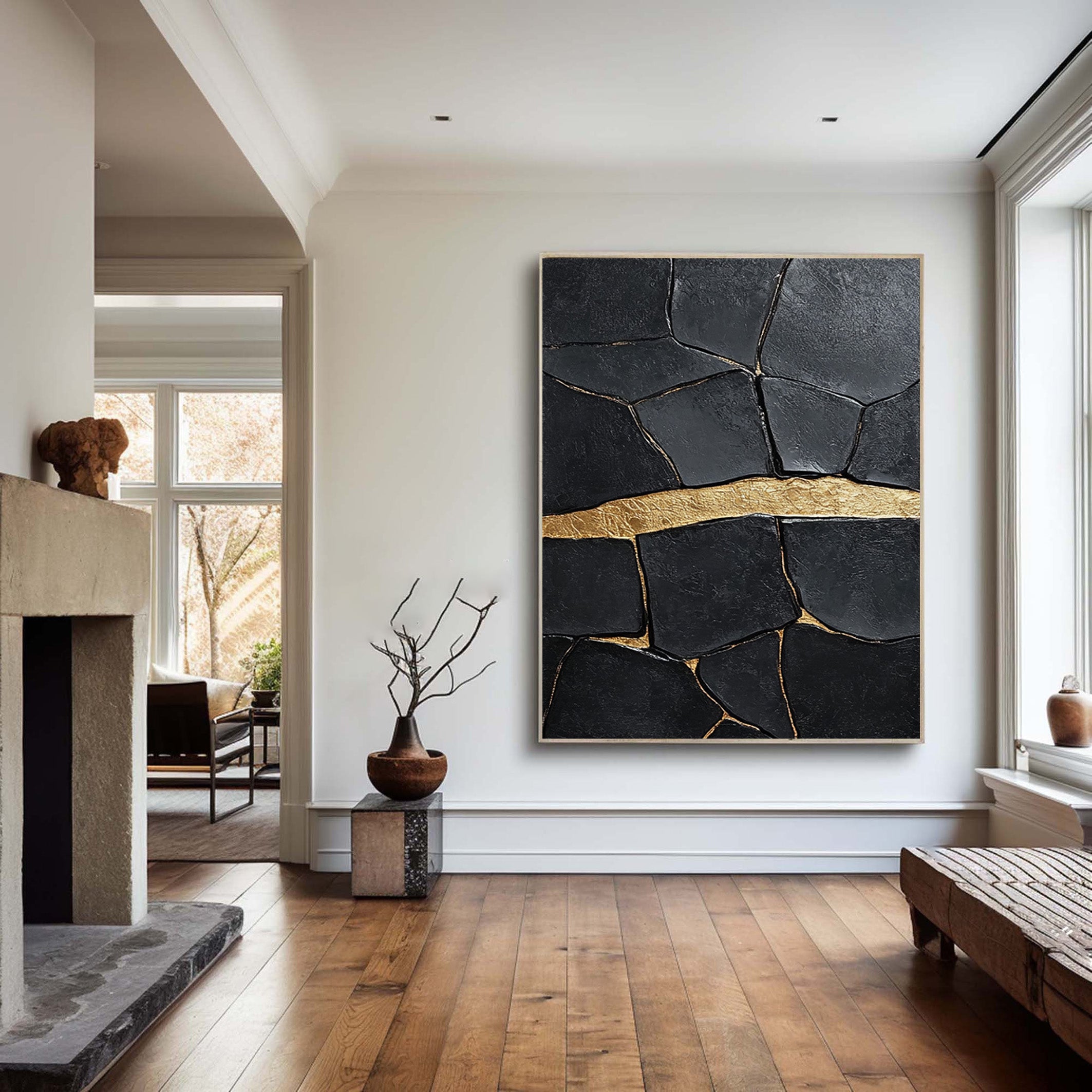 Textured Black Canvas with a Striking Horizontal Gold Accent #BGA 266
