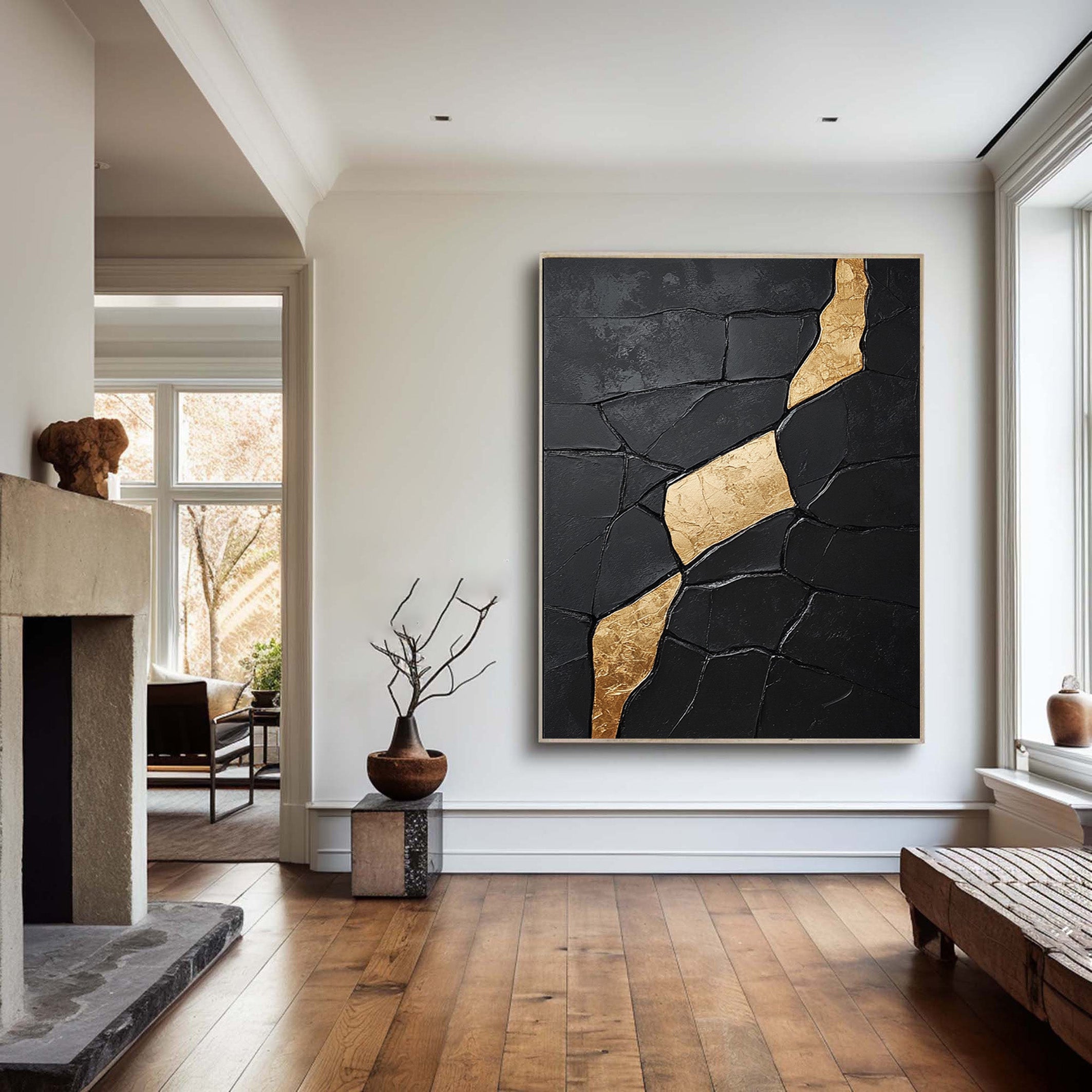 Contemporary Black Impasto with Diagonal Flowing Organic Gold #BGA 274