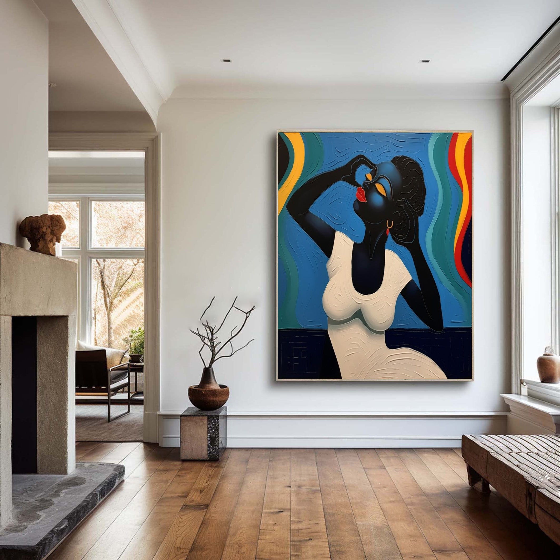 Stylized Portrait with Textured Color Waves, Modern Wall Art #BGA 256
