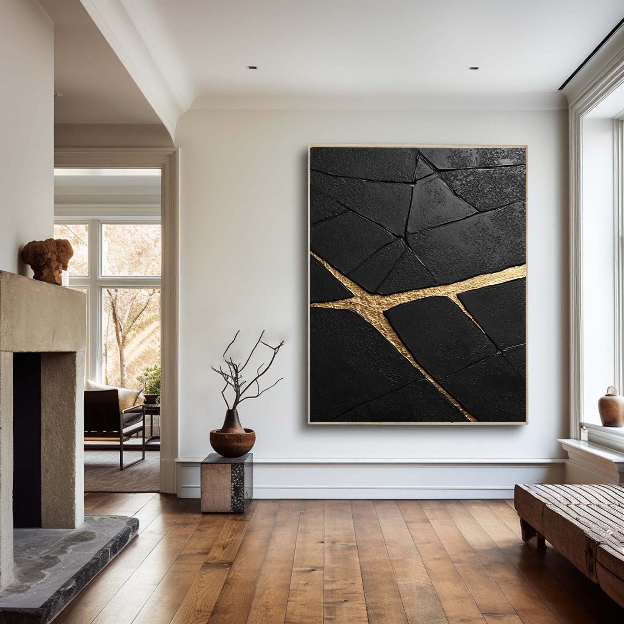 Contemporary Black Impasto Painting with Striking Gold Inlays #BGA 264
