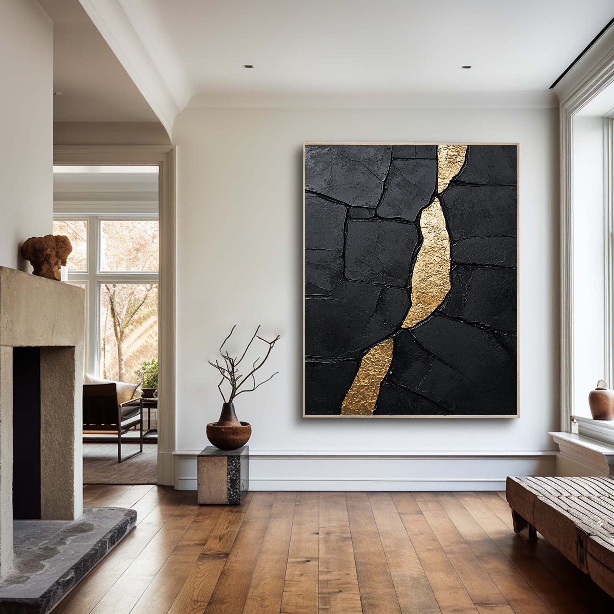 Large Heavily Textured Black and Gold Abstract for Luxe Decor #BGA 273