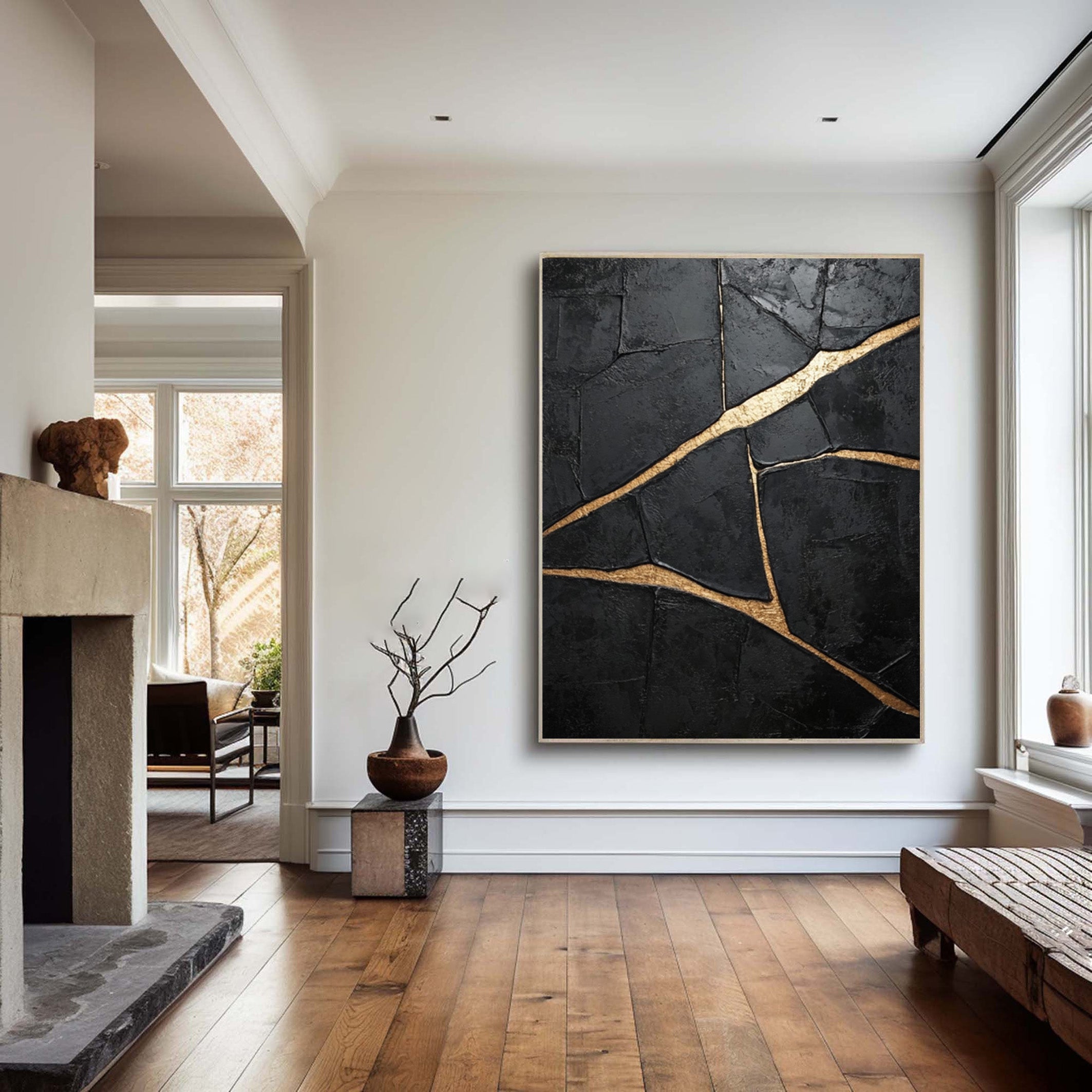 Deeply Textured Black with Bold Gold Trails, Modern Abstract #BGA 265