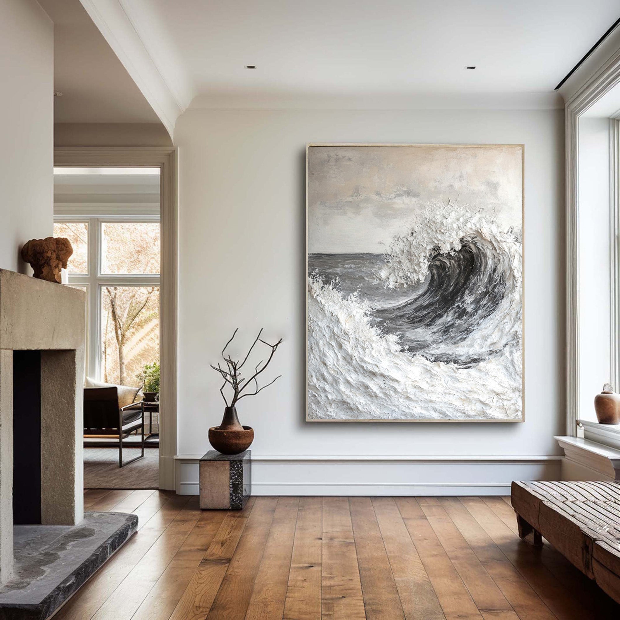 Contemporary Grayscale Ocean Art with Texture Wave #BGA 283