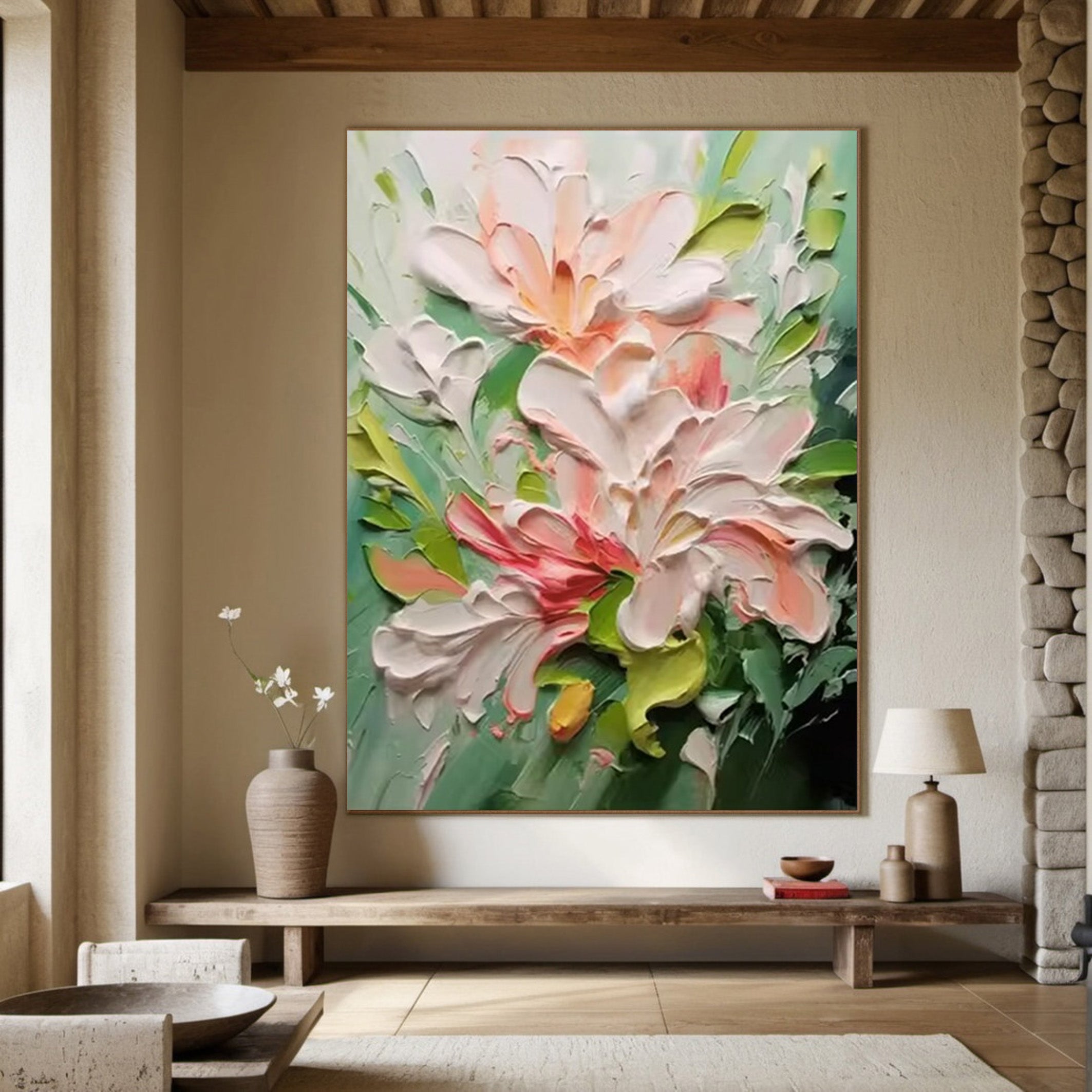 Floral Dimension: 3D Flower Art, White Pink Green Palette #BGA 204