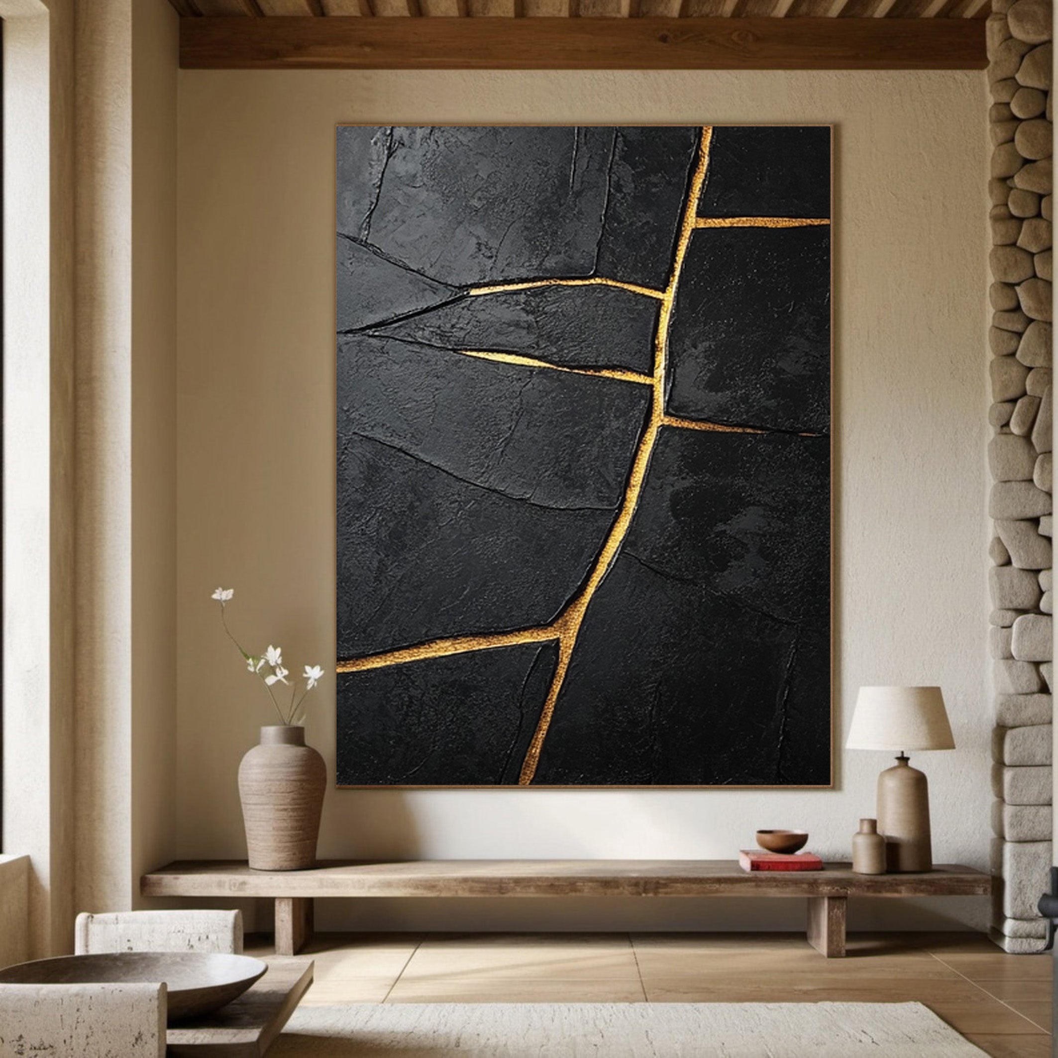 Contemporary Black Impasto with Striking Linear Gold #BGA 268