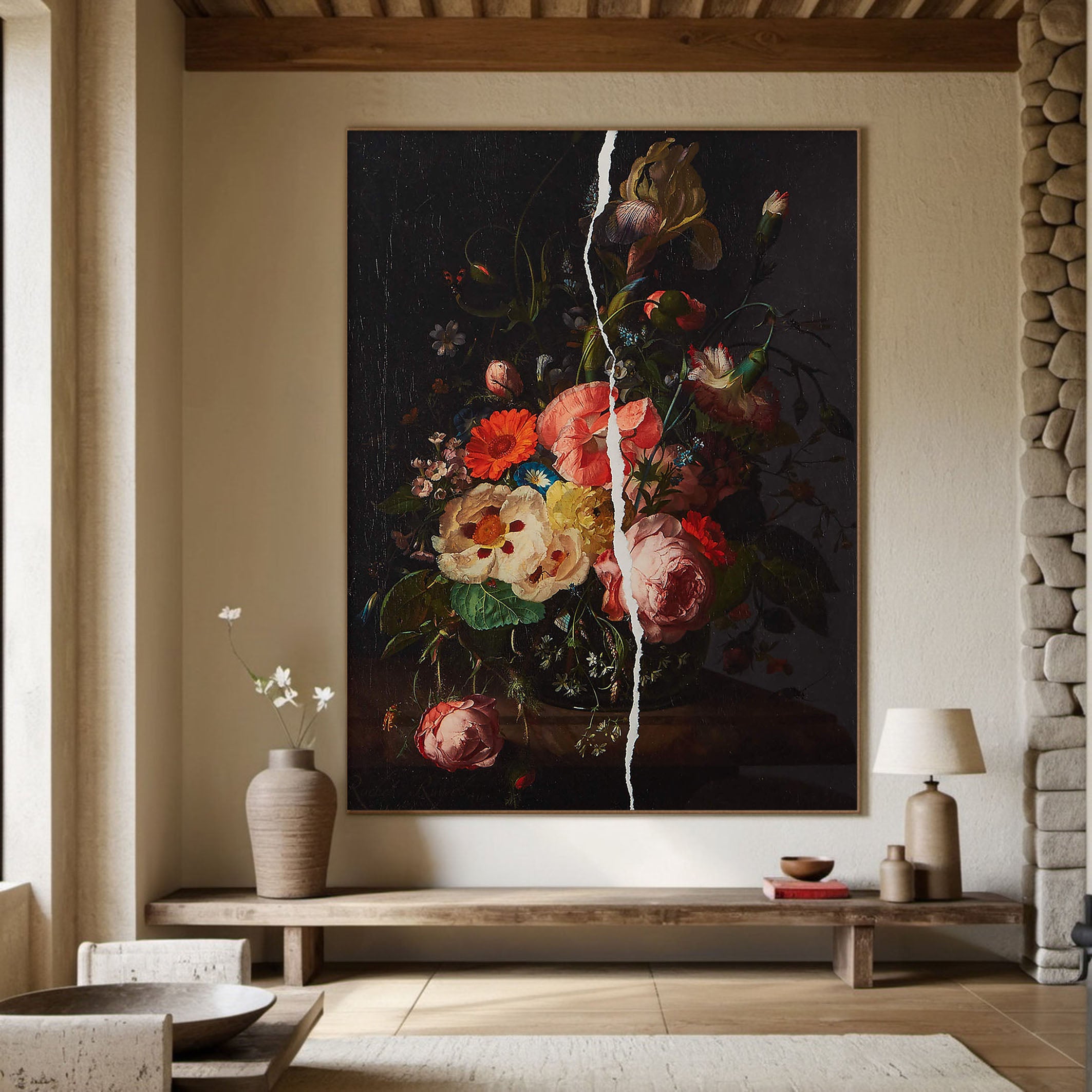 Colorful Flowers In Dark and White Crack, Contemporary Canvas #BGA 090