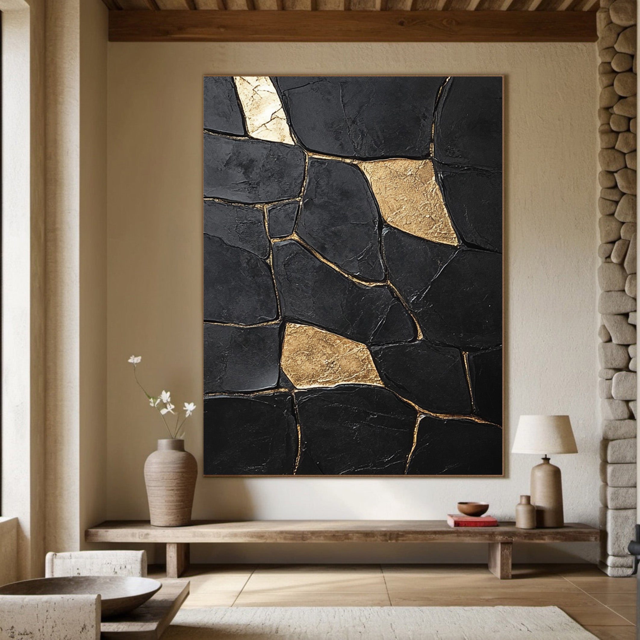 Large Textured Black Abstract with Geometric Gold Inlays #BGA 270
