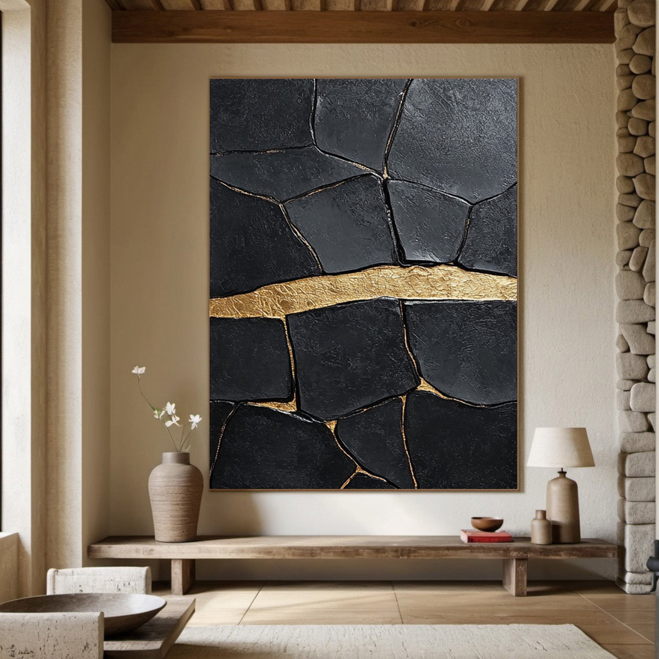 Textured Black Canvas with a Striking Horizontal Gold Accent #BGA 266