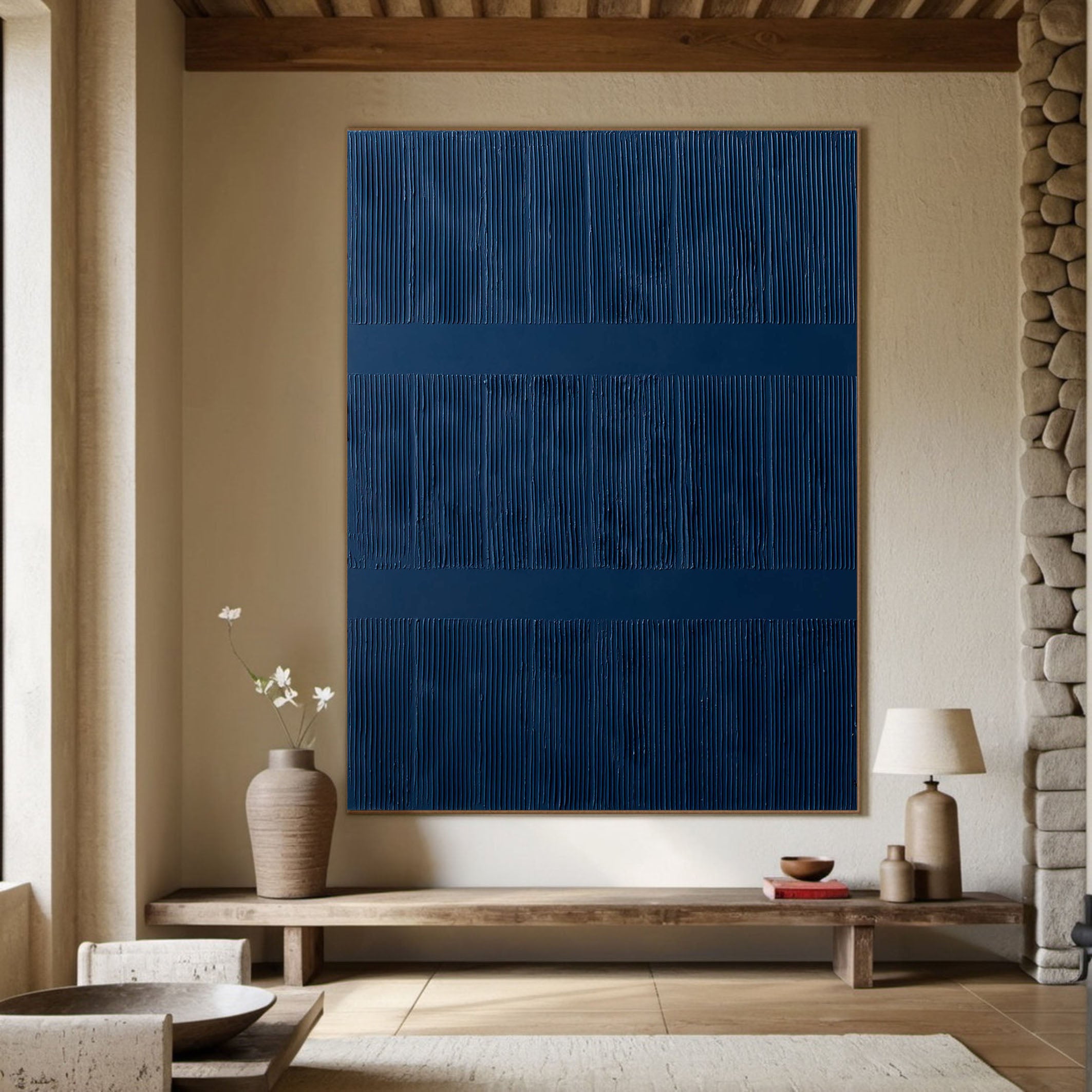 Deep Blue Abstract Minimalist Wall Art With 3D Vertical Lines #BGA 087