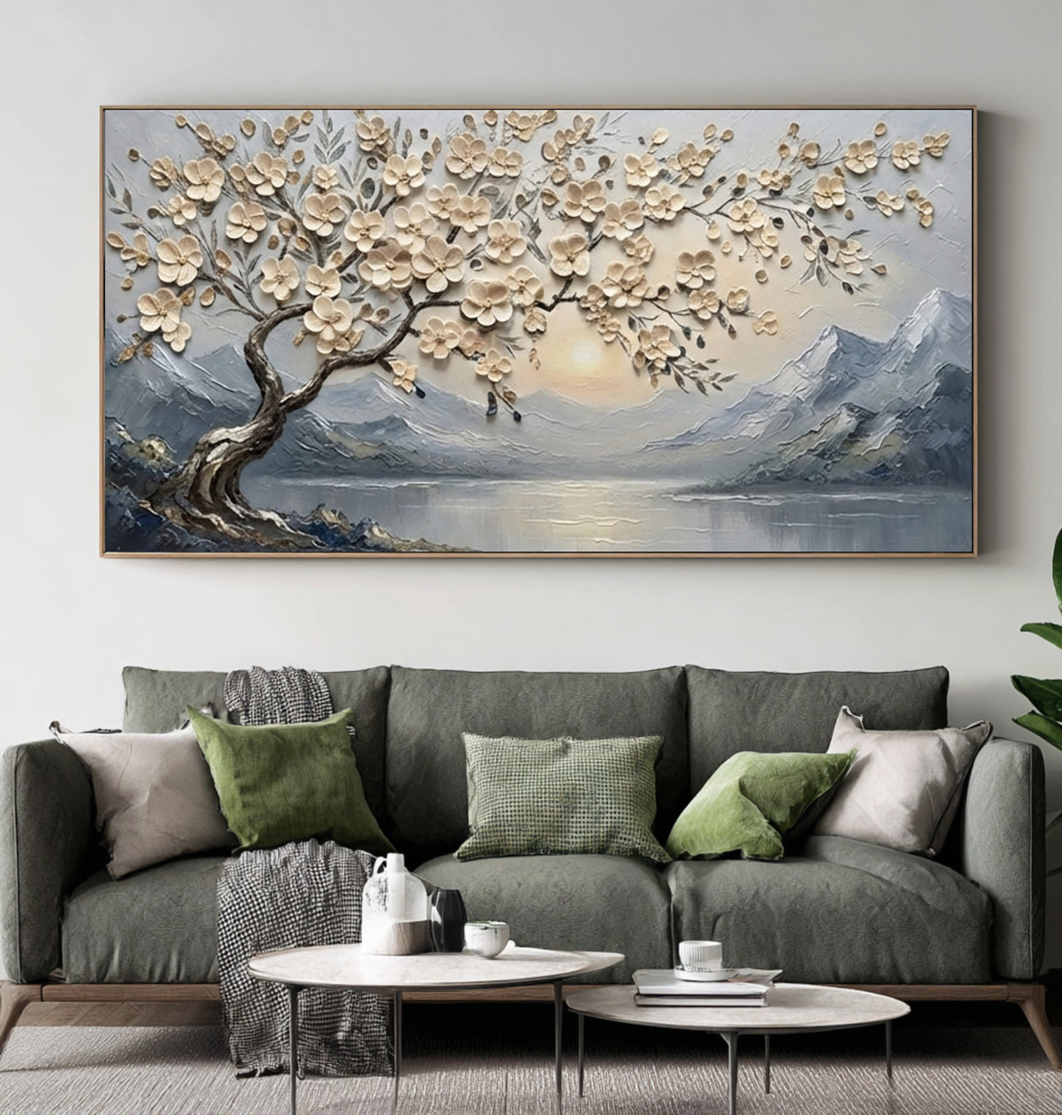 Large Textured Blossom Tree Painting Mountain Lake Floral Wall Art
