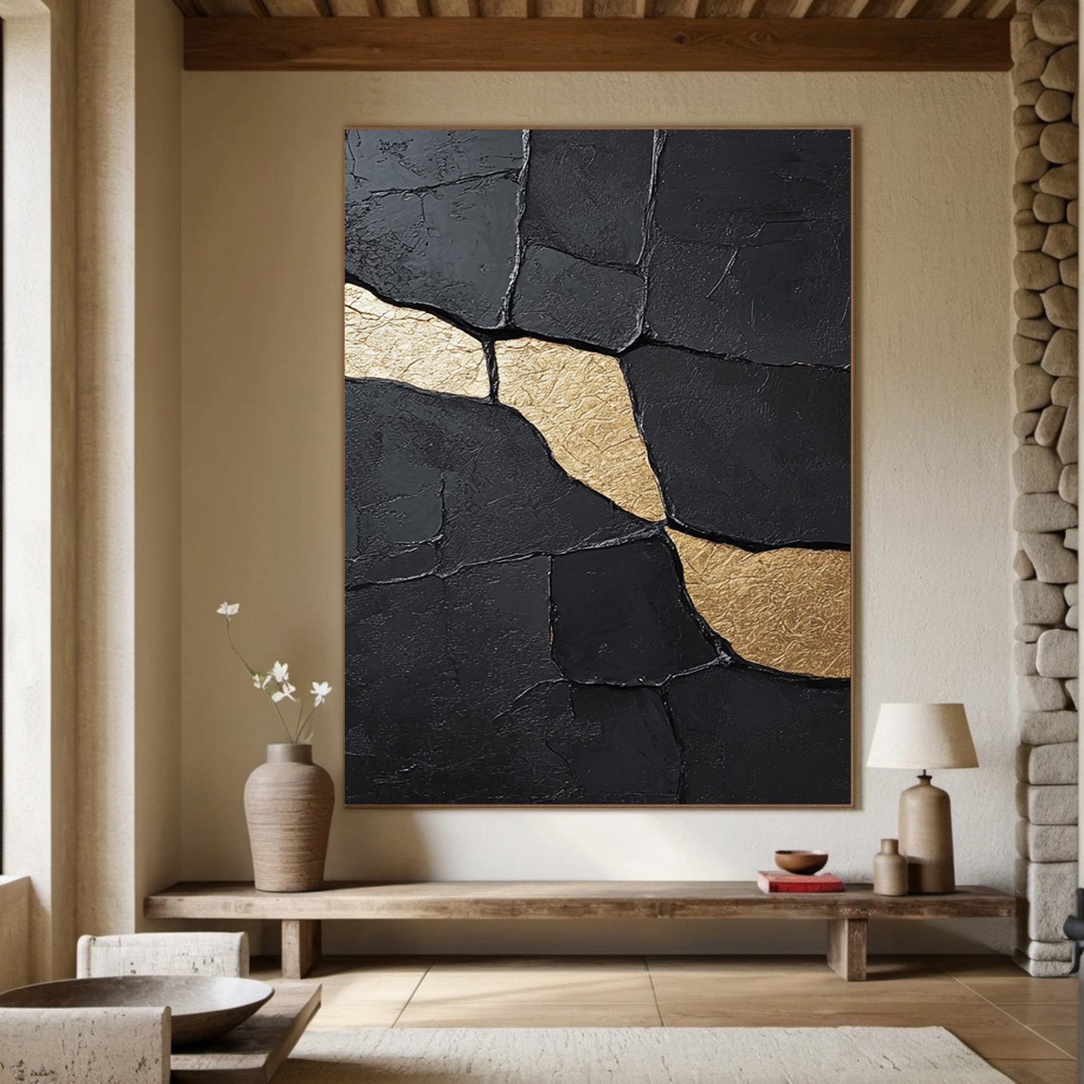 Contemporary Black Impasto Art with Striking Organic Gold #BGA 269