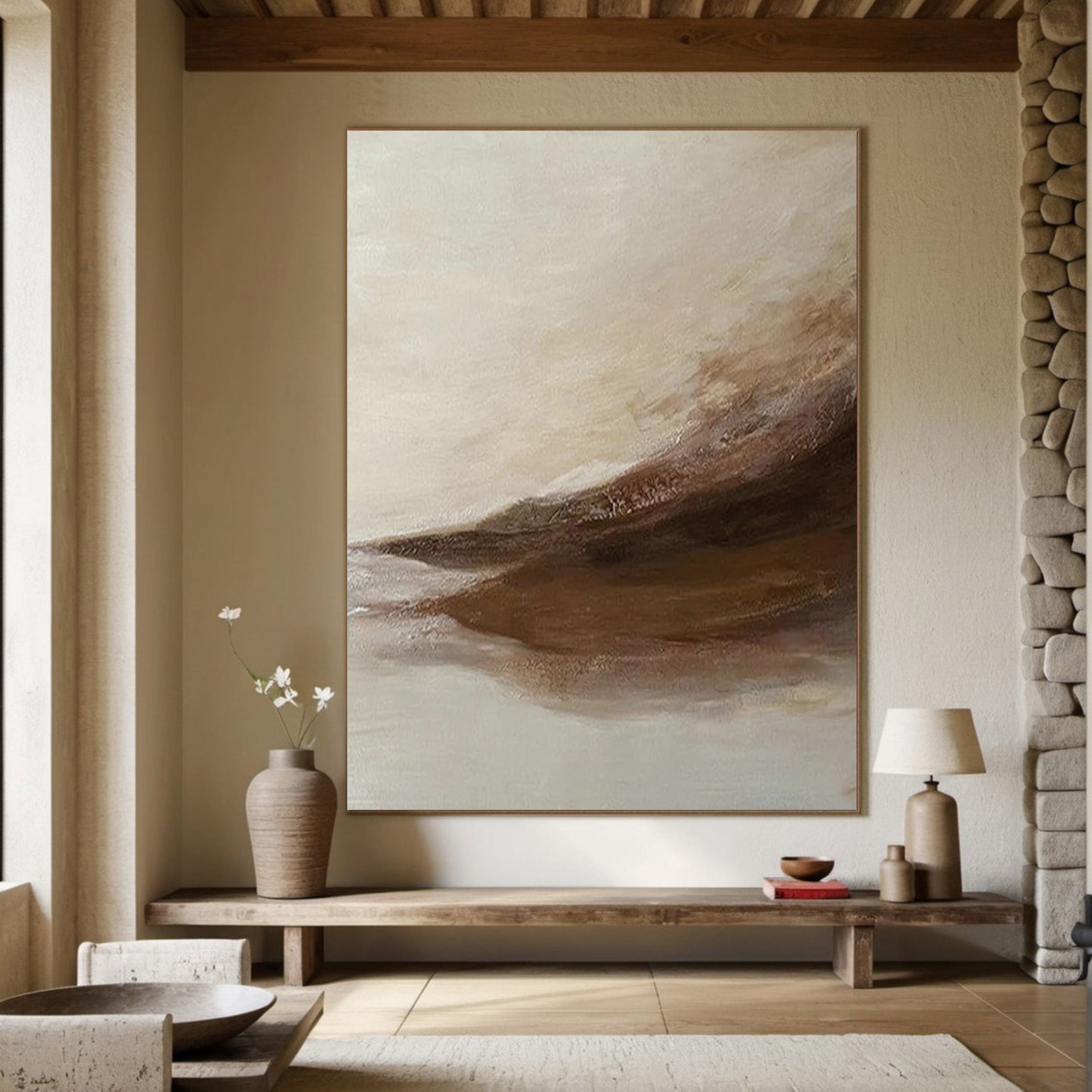 Whispering Sands: Beige And Brown Abstract Wall Canvas #BGA 209