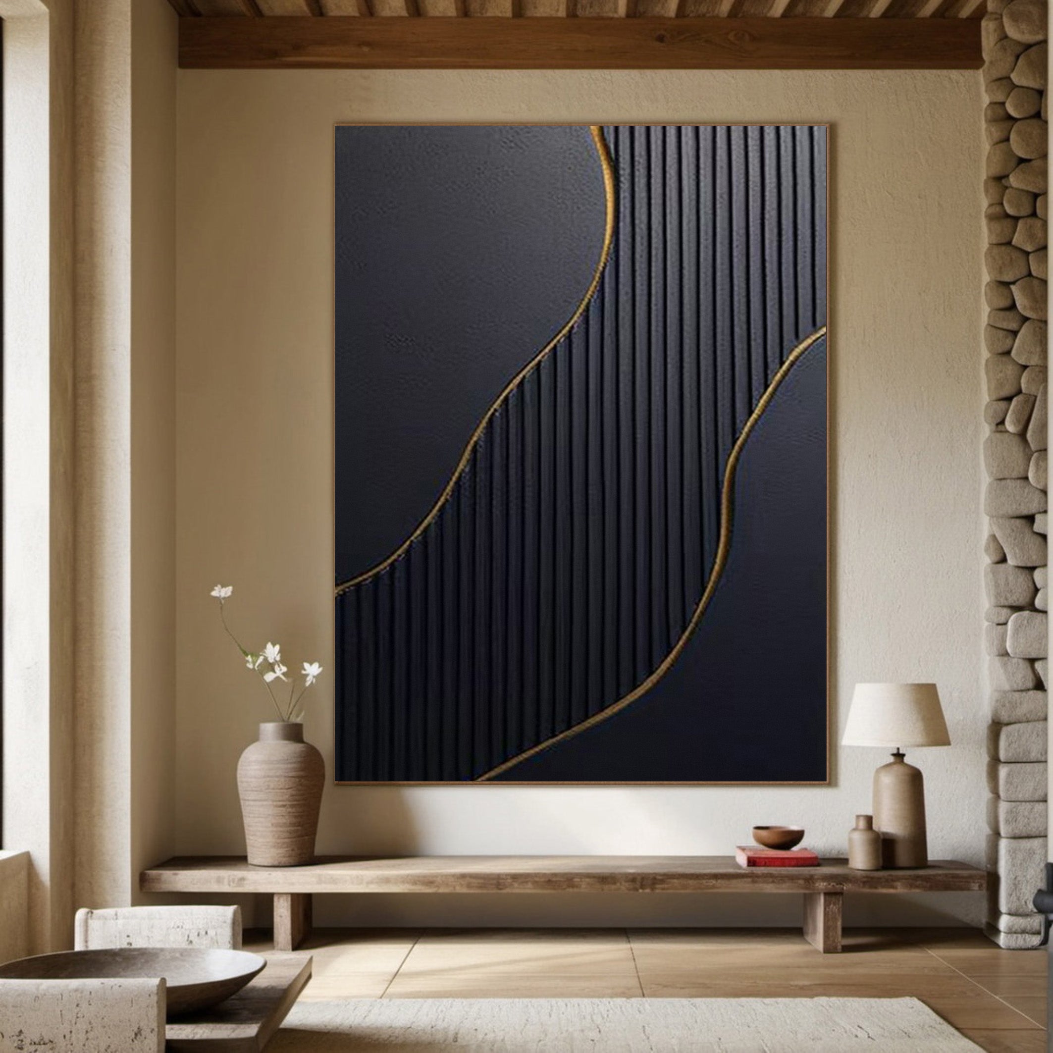 Sculpted Shadow & Gold: Modern Abstract, Textured Wall Decor #BGA 195