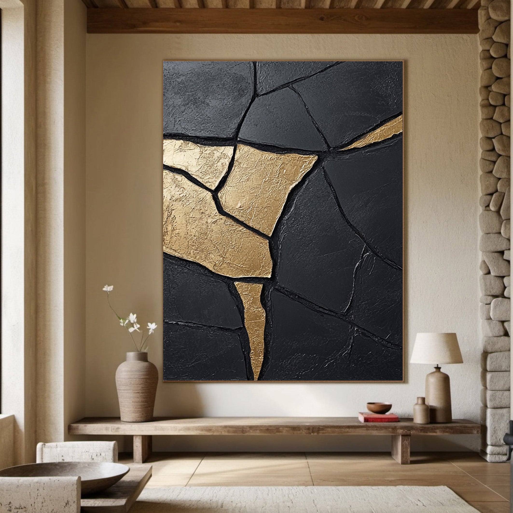 Large Contemporary Black Impasto with Flowing Gold Accents #BGA 271