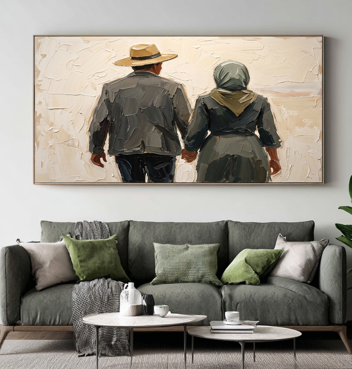 Large Rustic Couple Holding Hands Wall Art Textured Oil Painting Vintage Americana Figurative Portrait Western Inspired Modern Farmhouse Decor