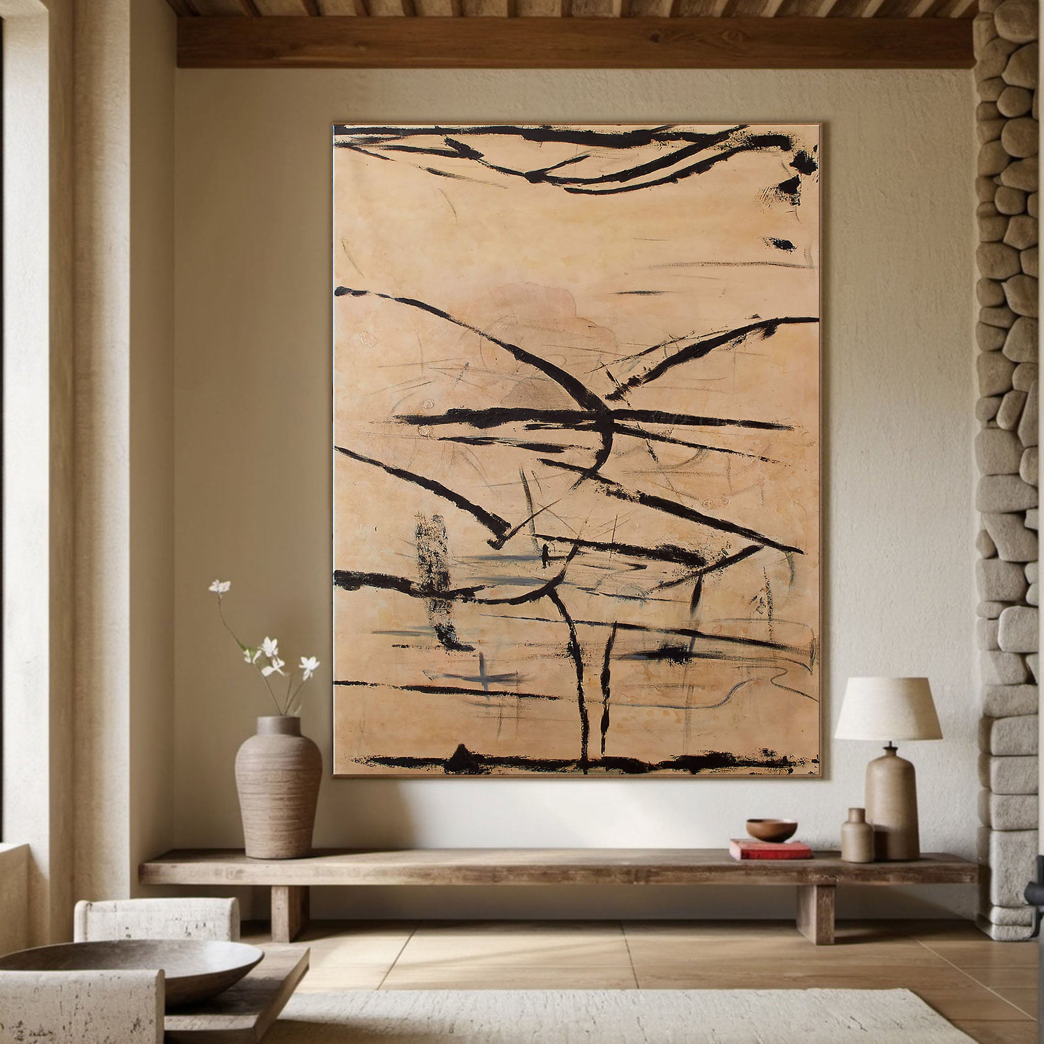 Beige and Black Abstract Line Canvas, Modern Minimalist Style #BGA 088