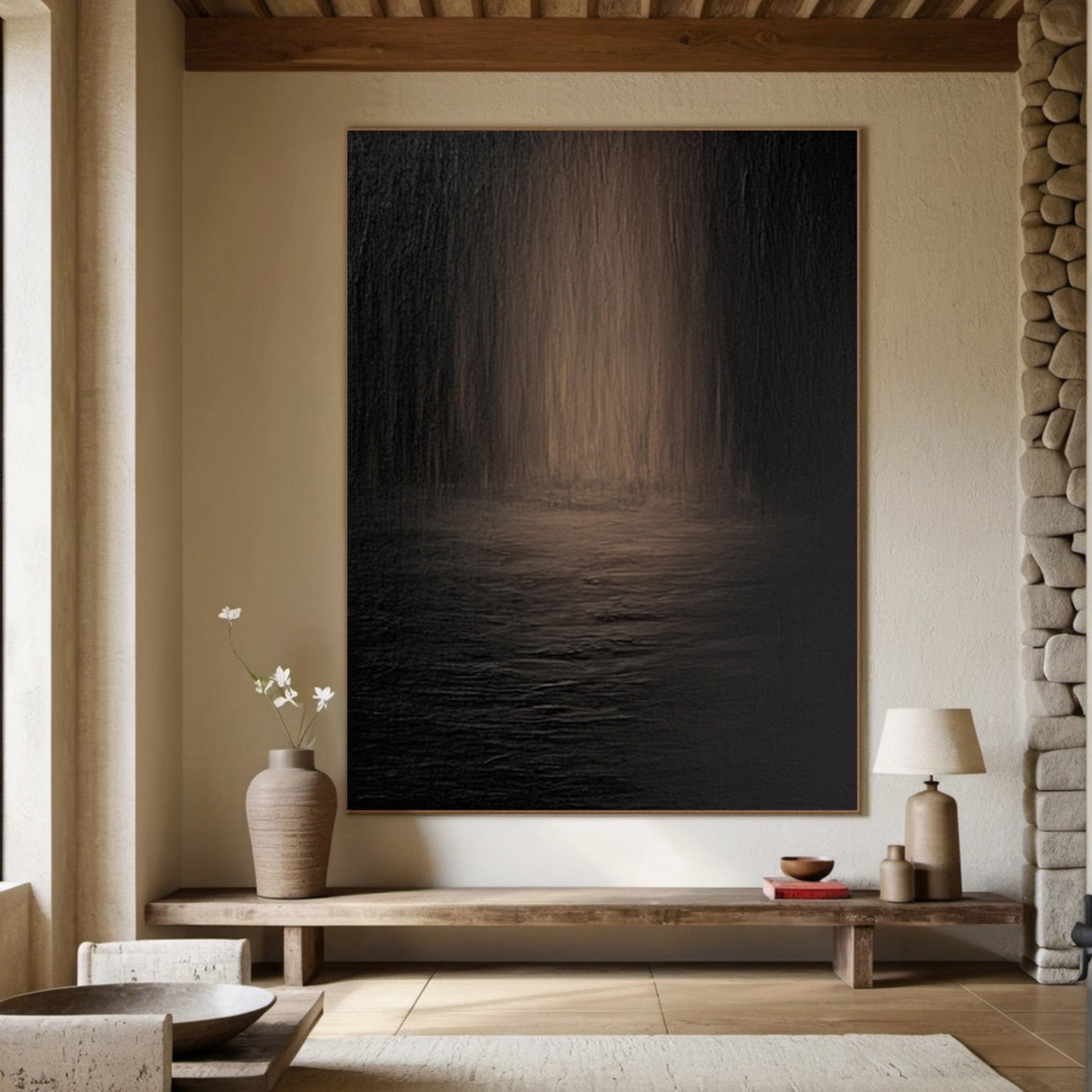 Modern Minimalist Painting of Dark Water and Blurred Depths #BGA 284