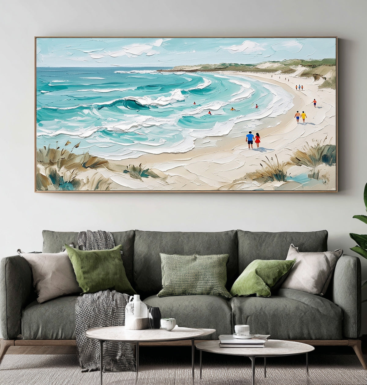 Large Textured Beach Painting Turquoise Ocean Waves Coastal Wall Art