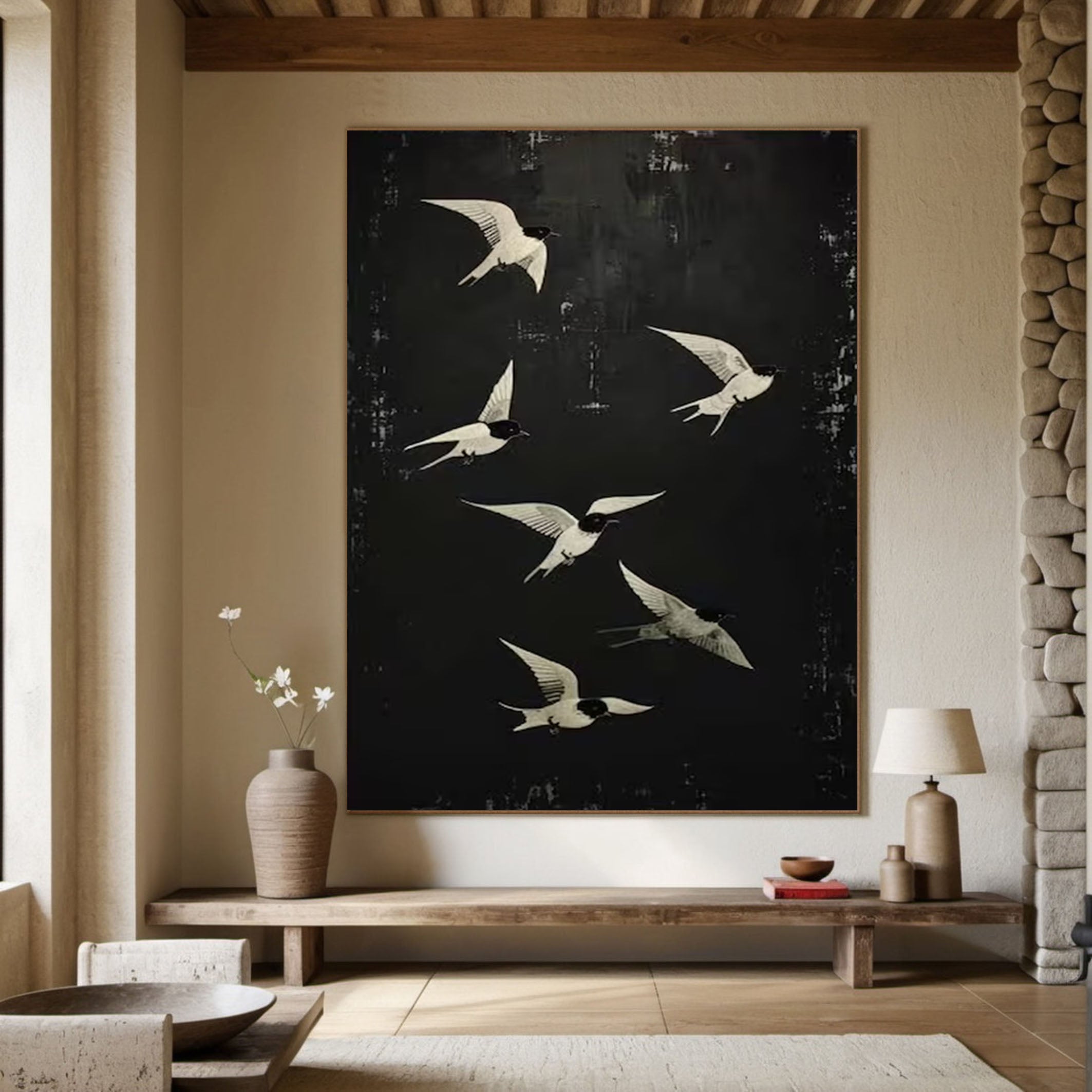 Black and White Birds Painting Modern Art for Urban Interiors #BM 102