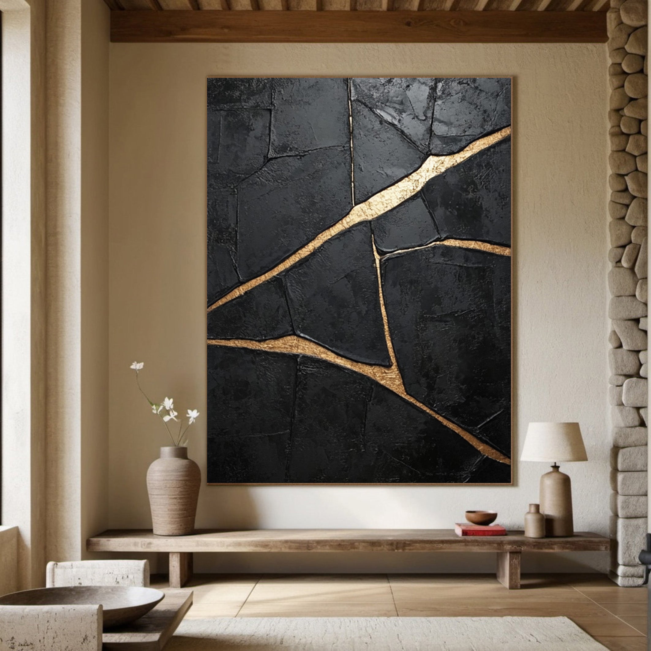 Deeply Textured Black with Bold Gold Trails, Modern Abstract #BGA 265