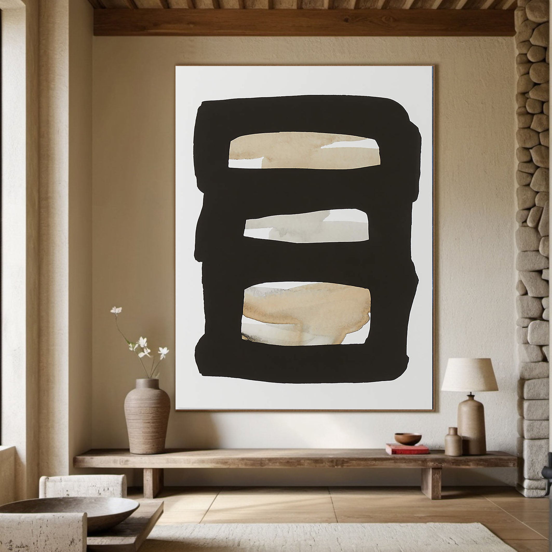 Beige Graphic Abstract Wall Art With Black Frame #BGA 097
