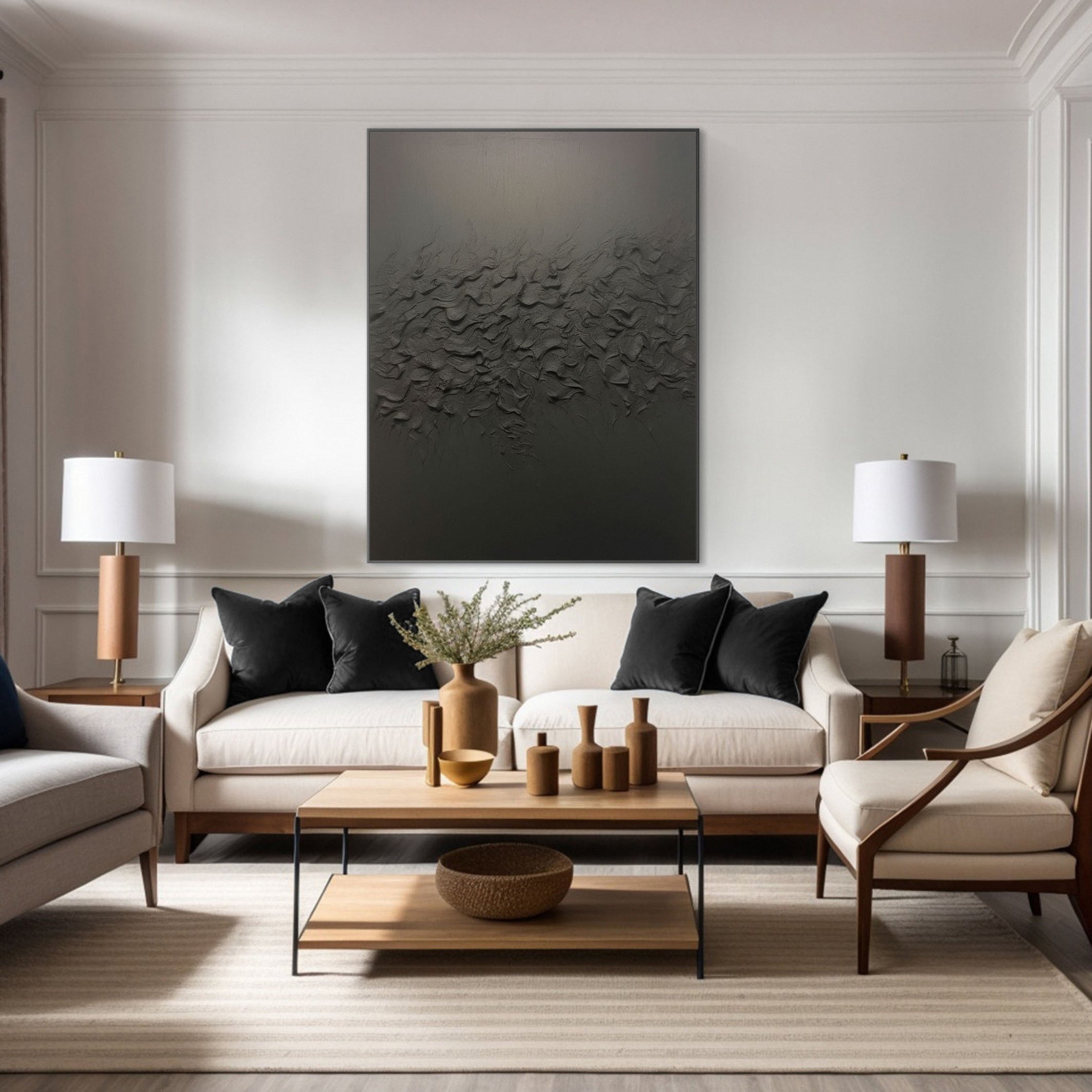 Sculpted Shadows: Black Textured Abstract, Deep Relief Art #BGA 227