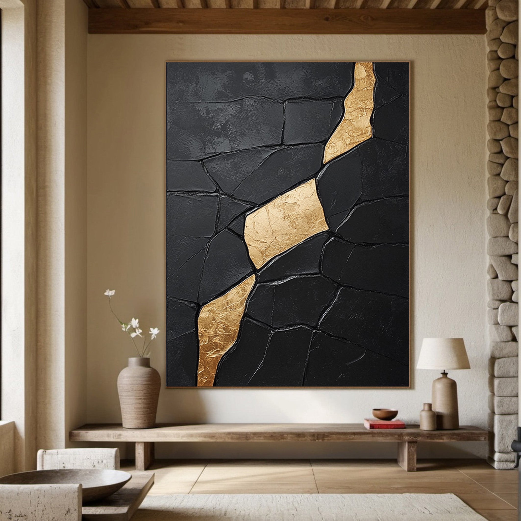Contemporary Black Impasto with Diagonal Flowing Organic Gold #BGA 274