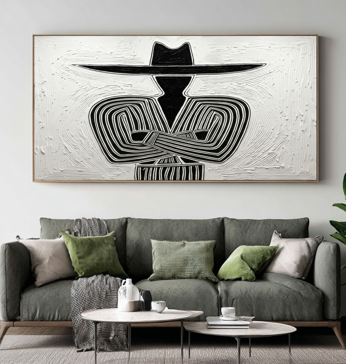 Large Textured Cowboy Portrait Minimalist Black White Western Wall Art