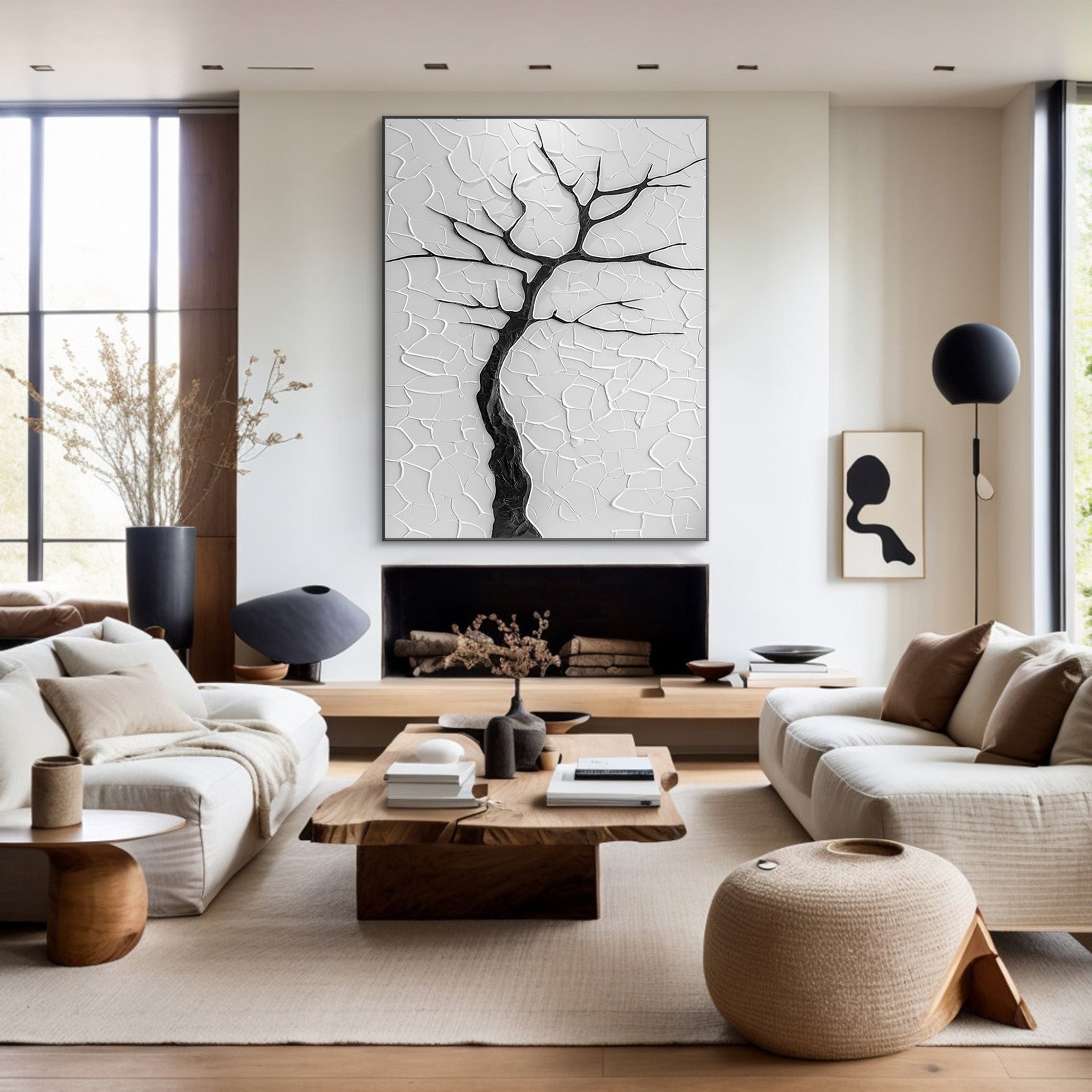 Contemporary Black Tree Silhouette on Textured Neutral Canvas #BGA 285