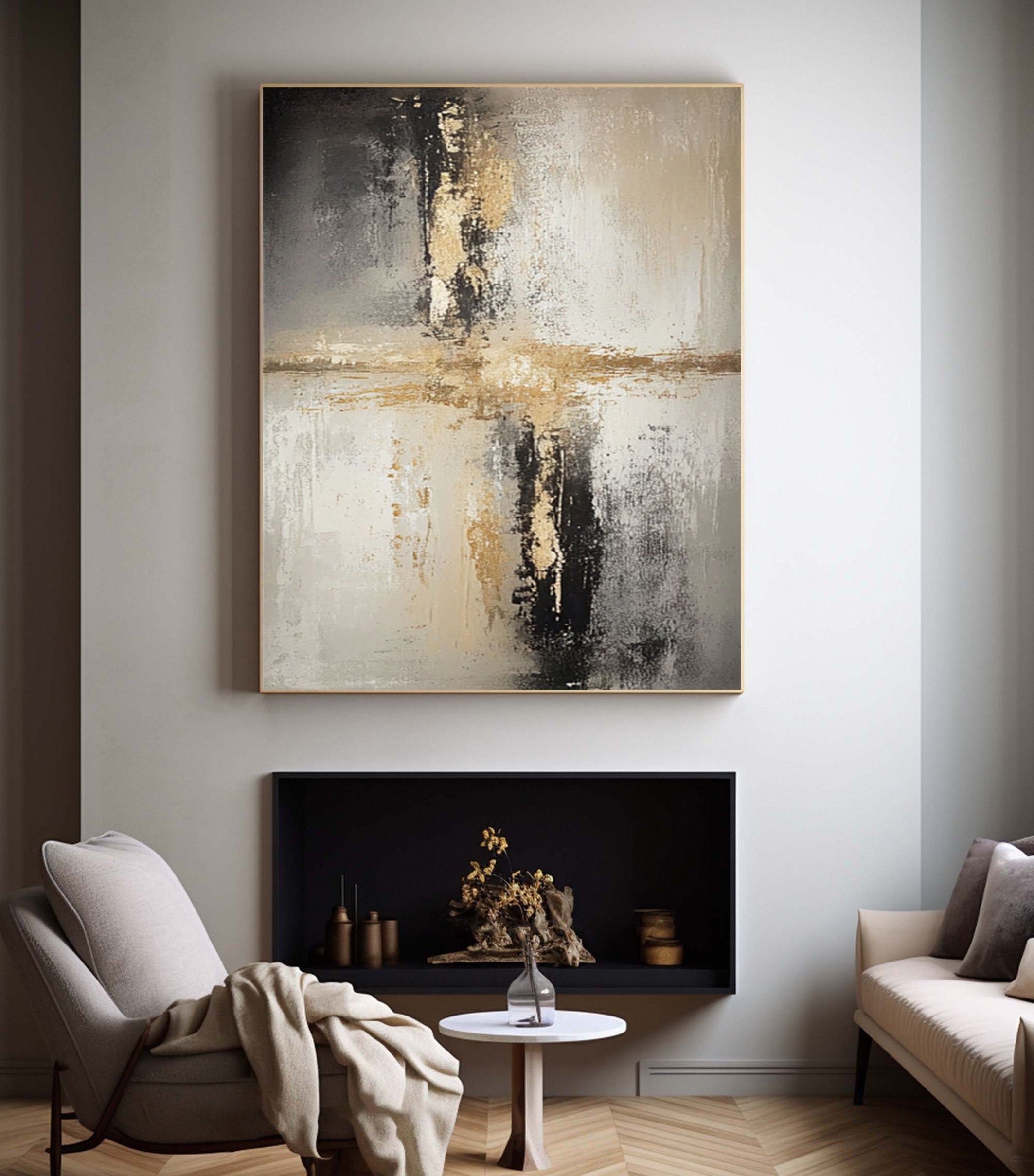Abstract Textured Art, Neutral Hues with Metallic Gold Line #BGA 223