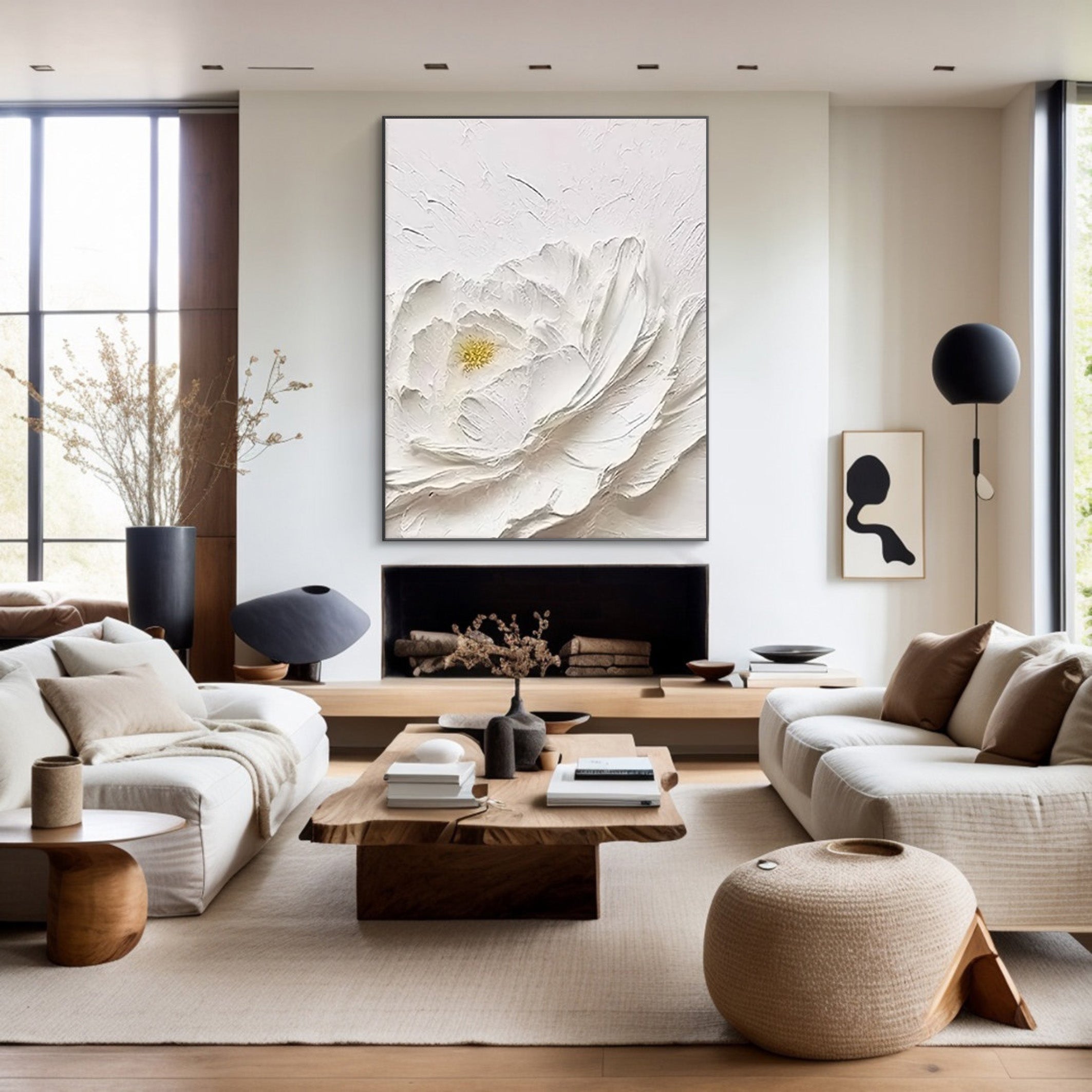 Textured Petals: White Flower Relief, Sculptural Floral Art #BGA 196