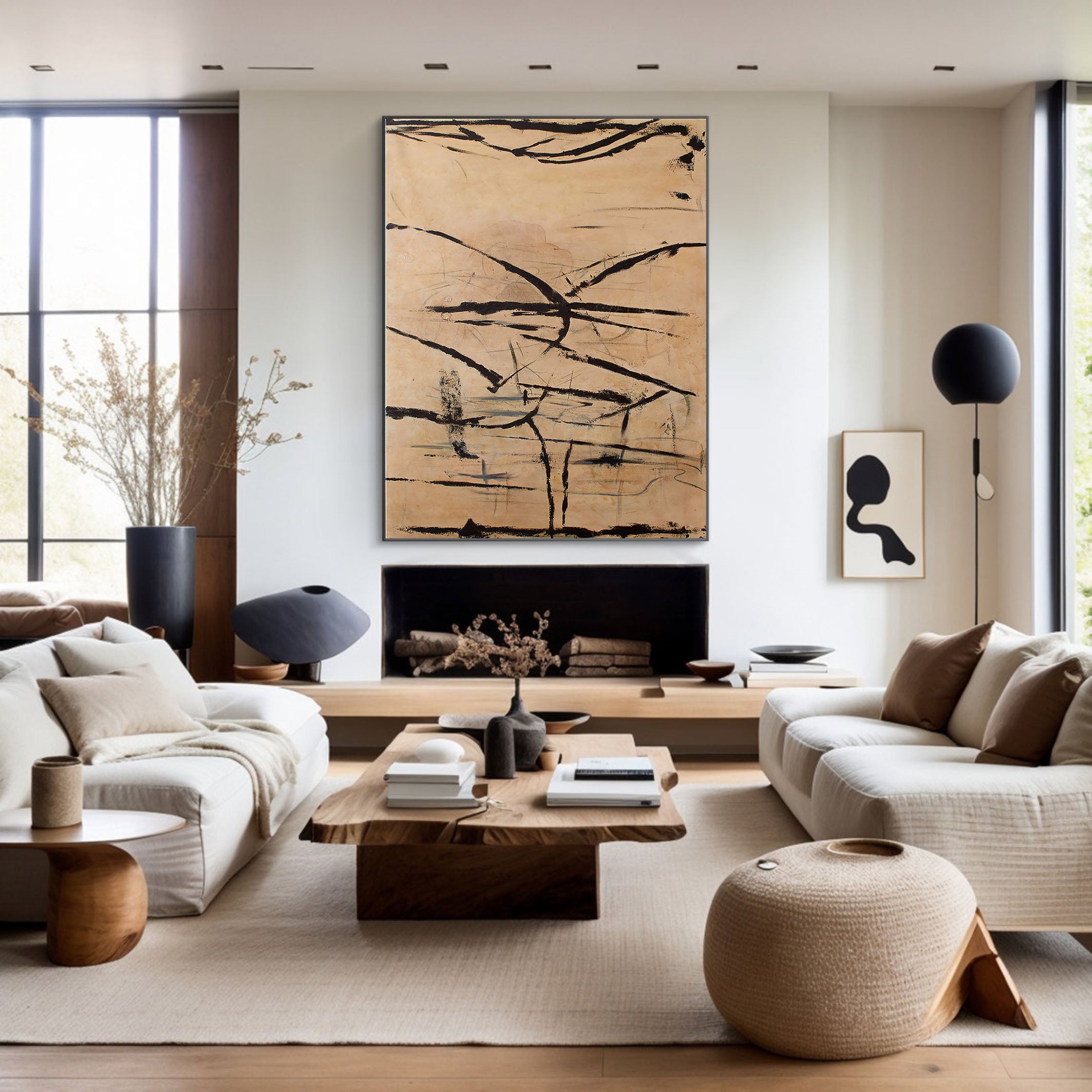 Beige and Black Abstract Line Canvas, Modern Minimalist Style #BGA 088
