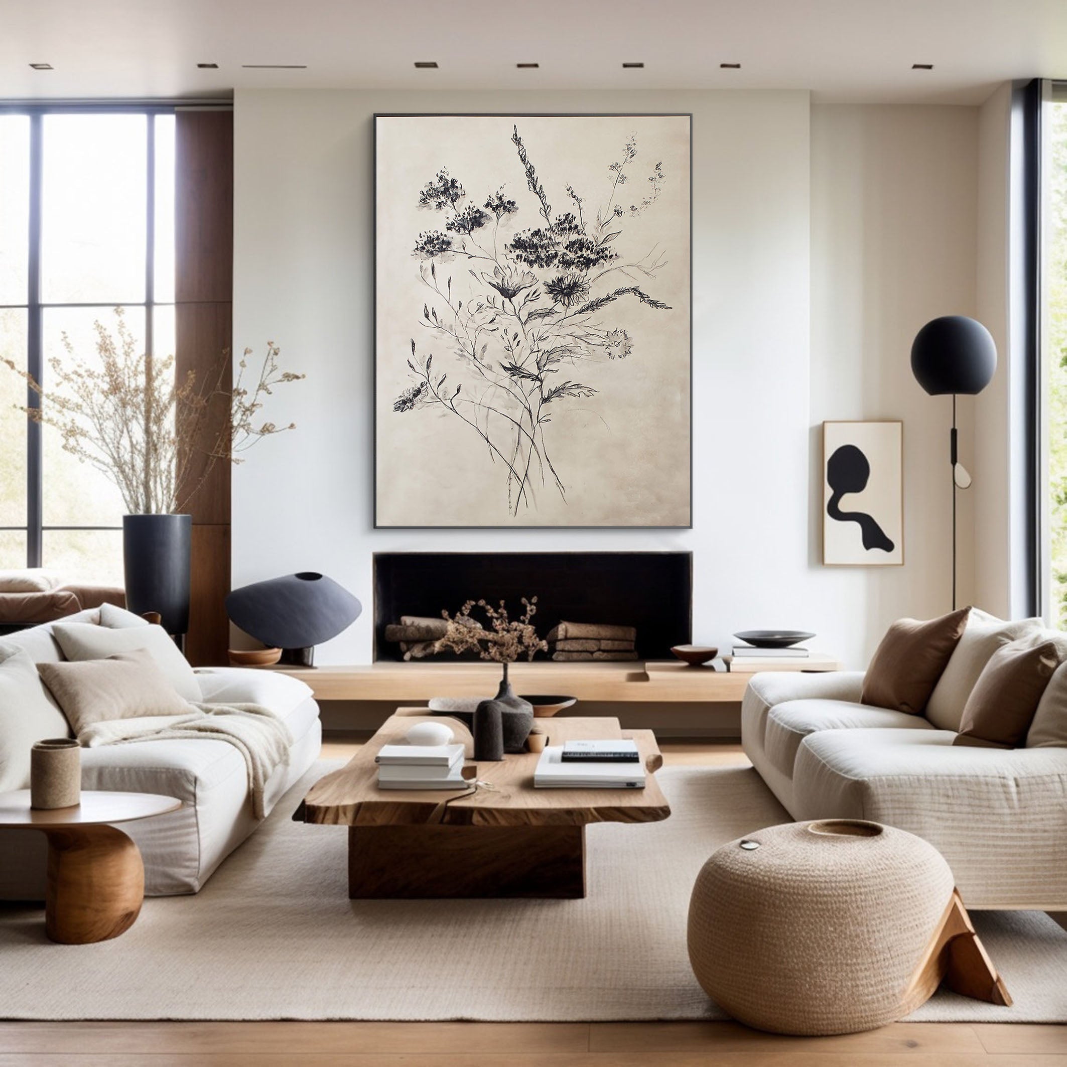 Beige Flower Drawing With Black Line, Contemporary Wall Art #BGA 095