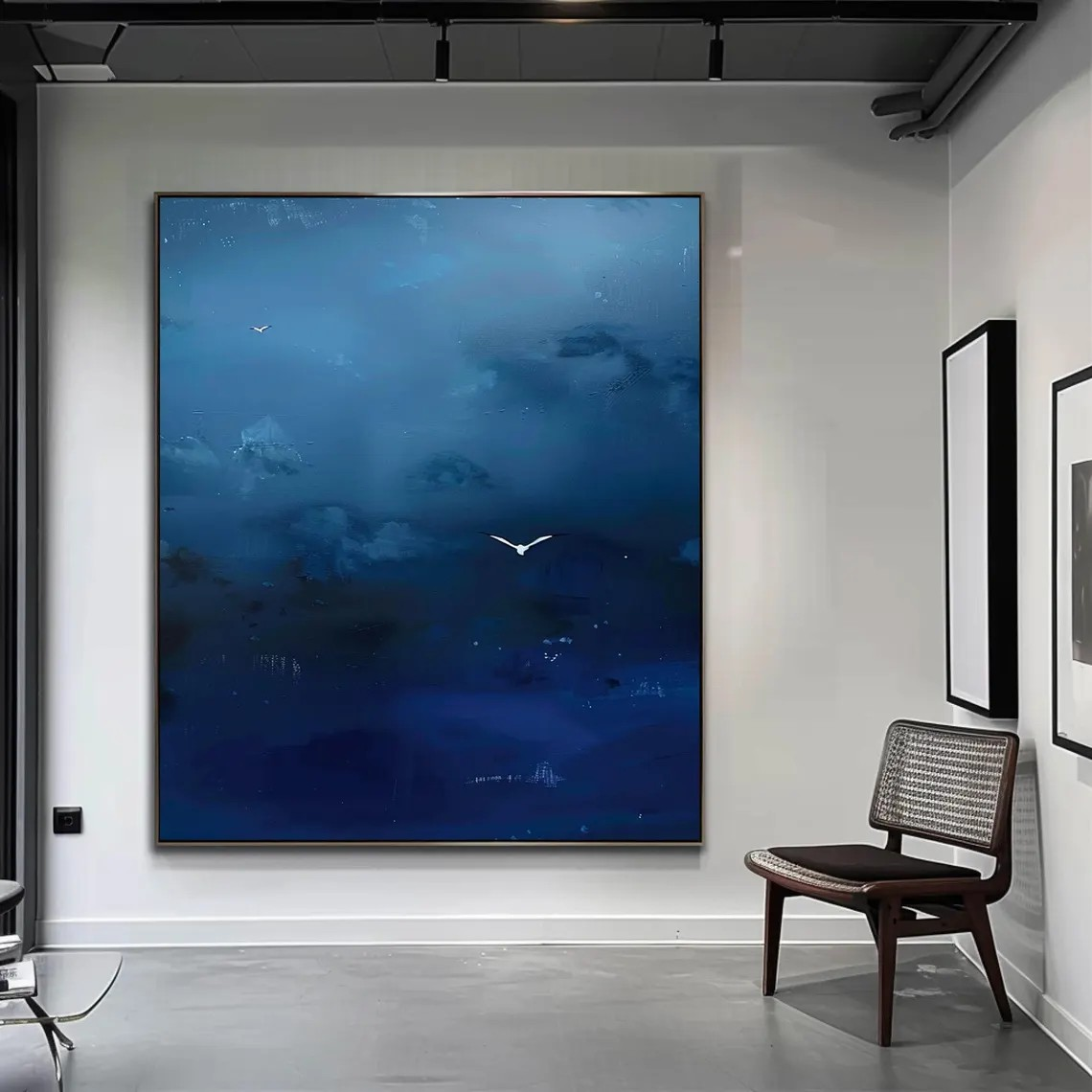 Dark Blue Sky Art With Minimalist Bird, Surreal Modern Decor #BGA 148