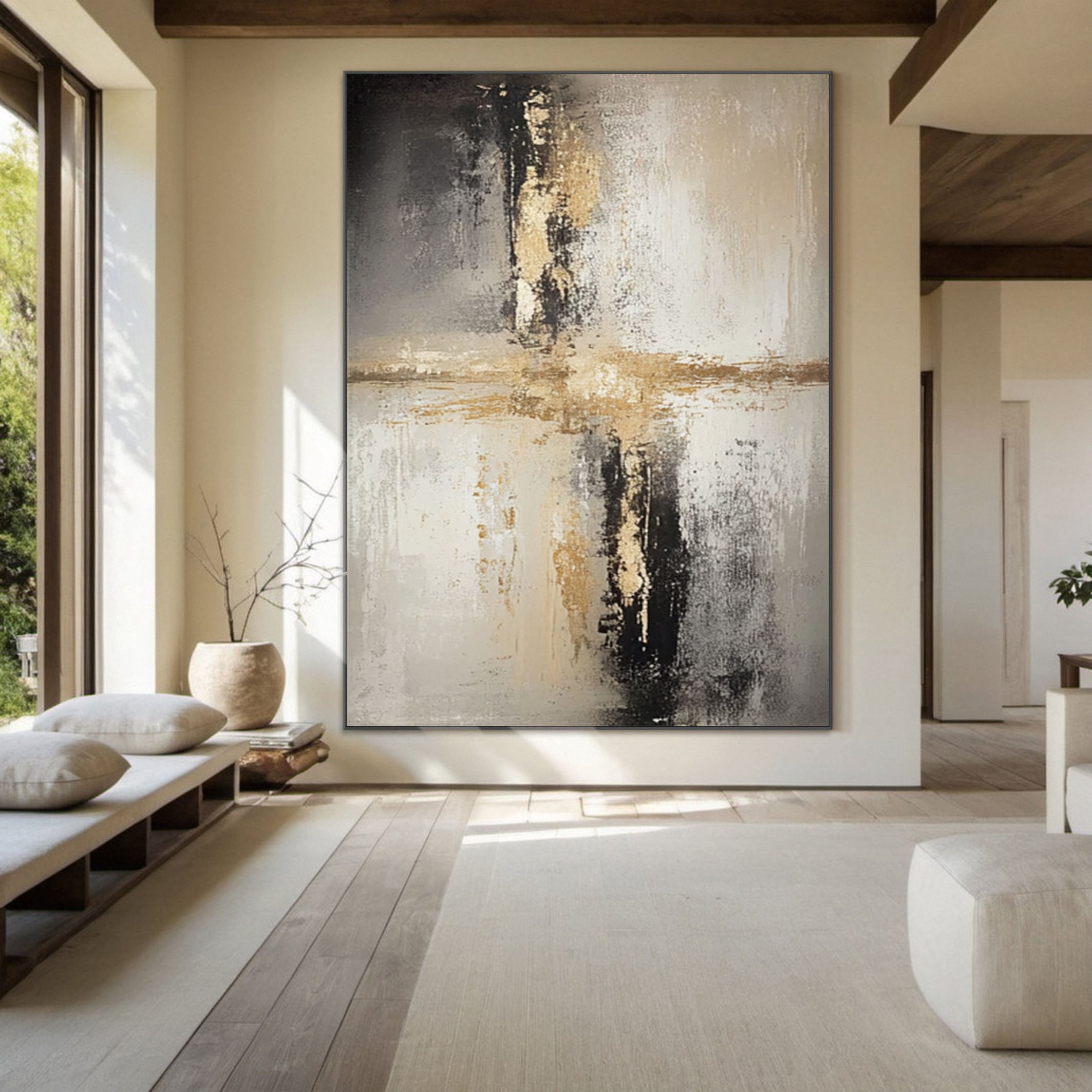Abstract Textured Art, Neutral Hues with Metallic Gold Line #BGA 223
