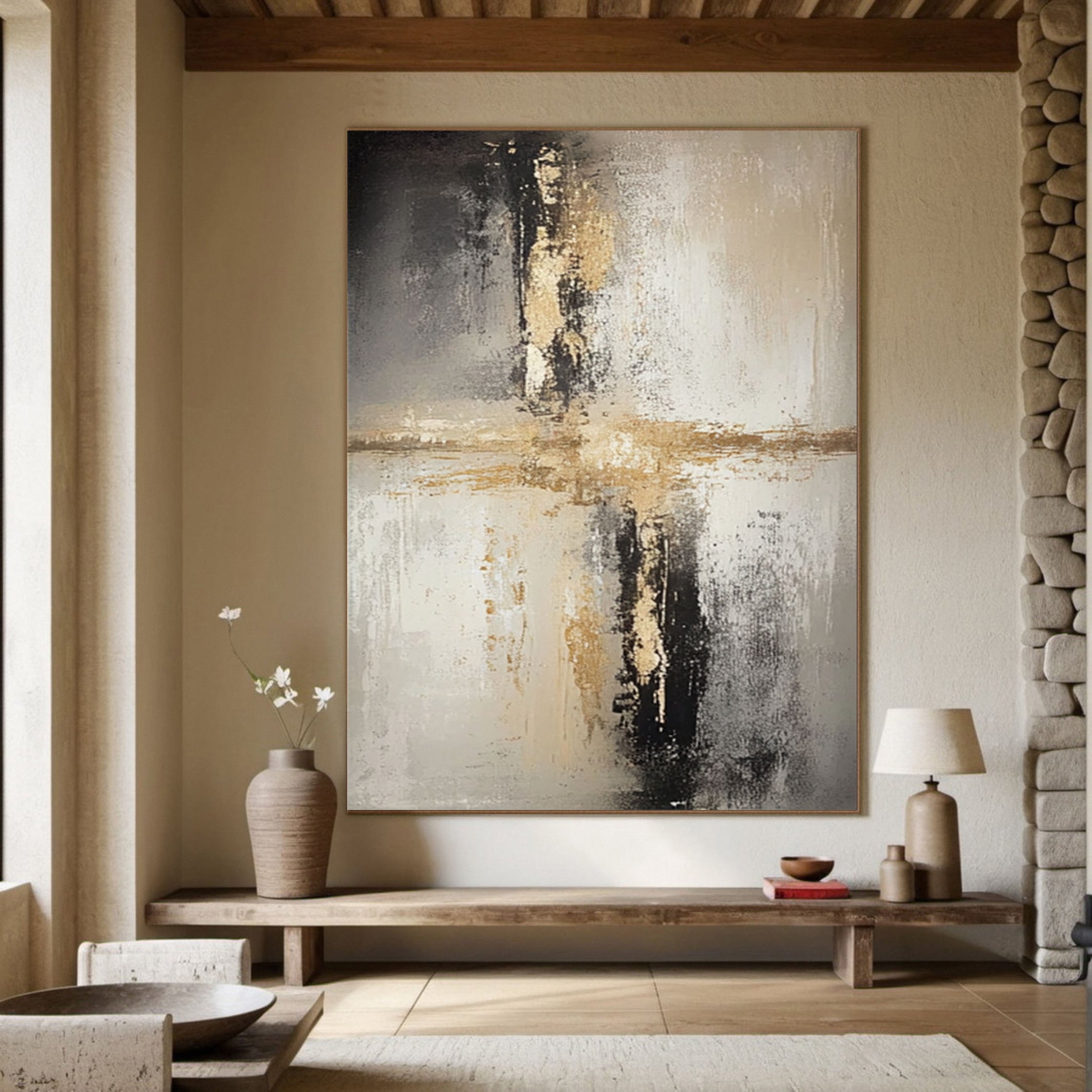Abstract Textured Art, Neutral Hues with Metallic Gold Line #BGA 223