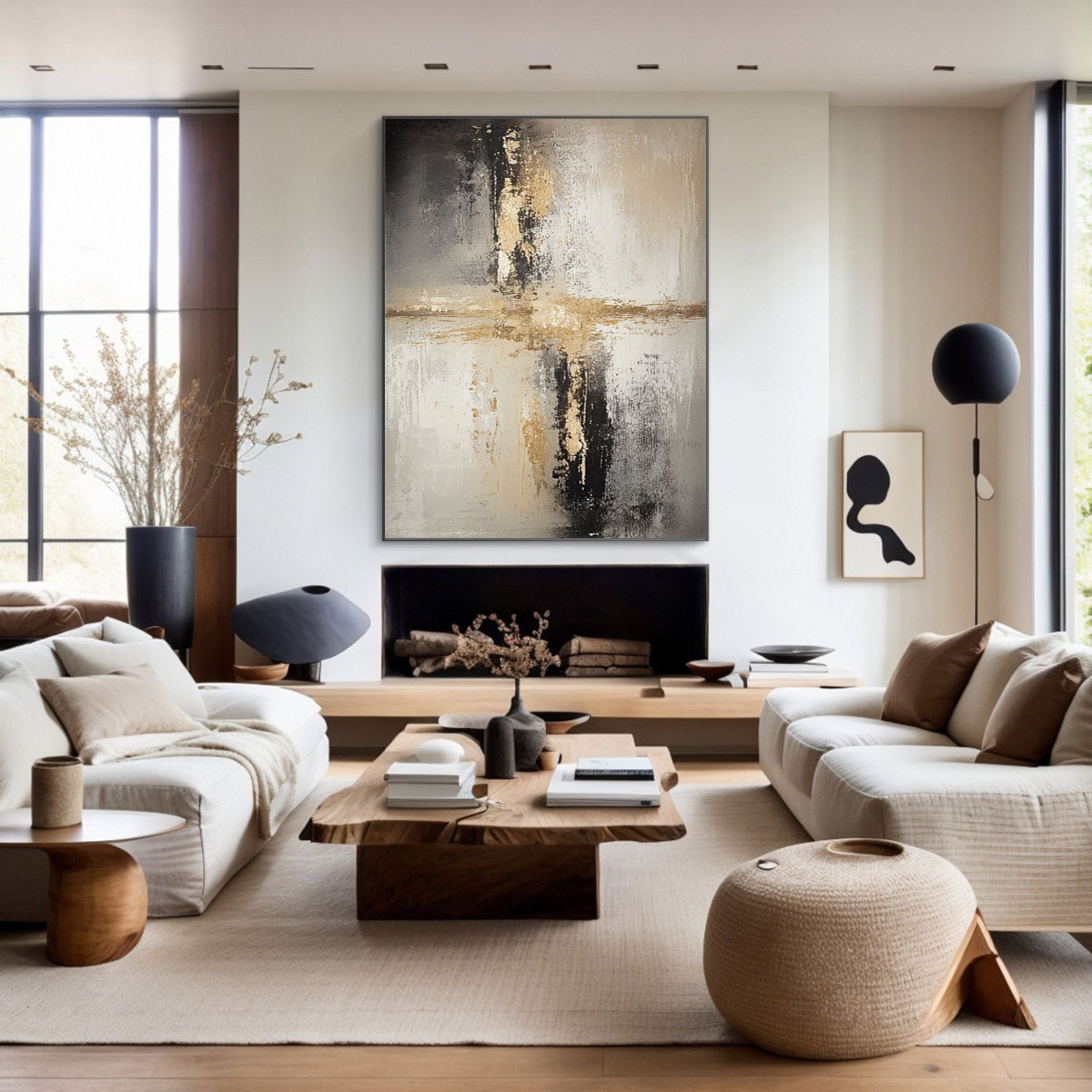 Abstract Textured Art, Neutral Hues with Metallic Gold Line #BGA 223