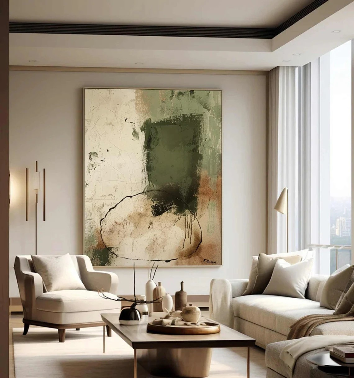 Green & Beige Abstract Painting, Wabi-Sabi Inspired Wall Art #BGA 141