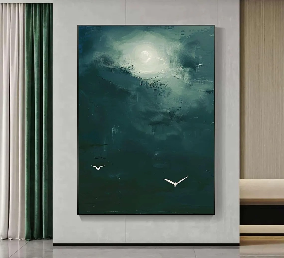 Modern Bird Art, Atmospheric Green Sky, Unique Wall Decor #BGA 149