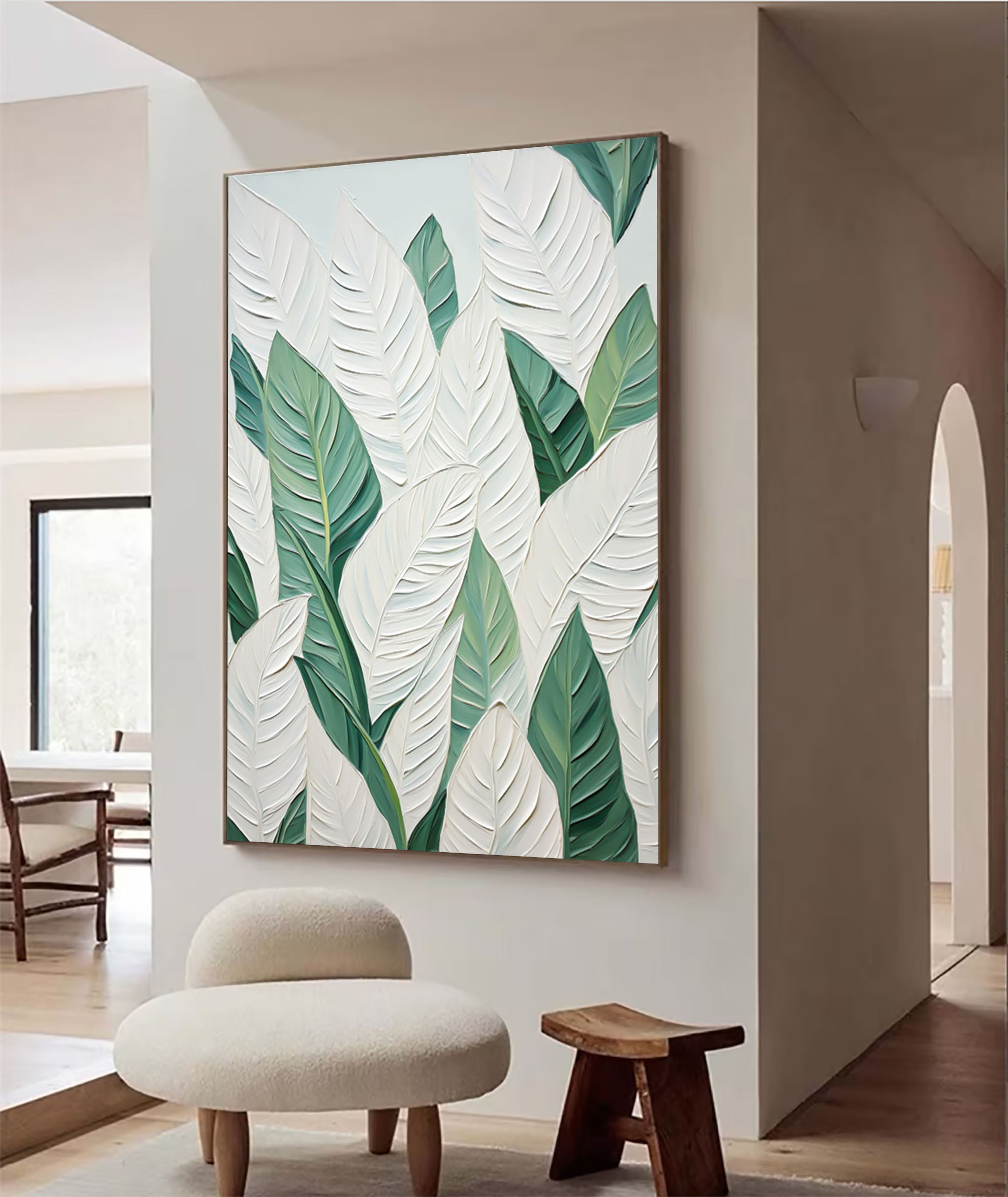 Leaf Symphony: Green and White Botanical Wall Art #BGM 048