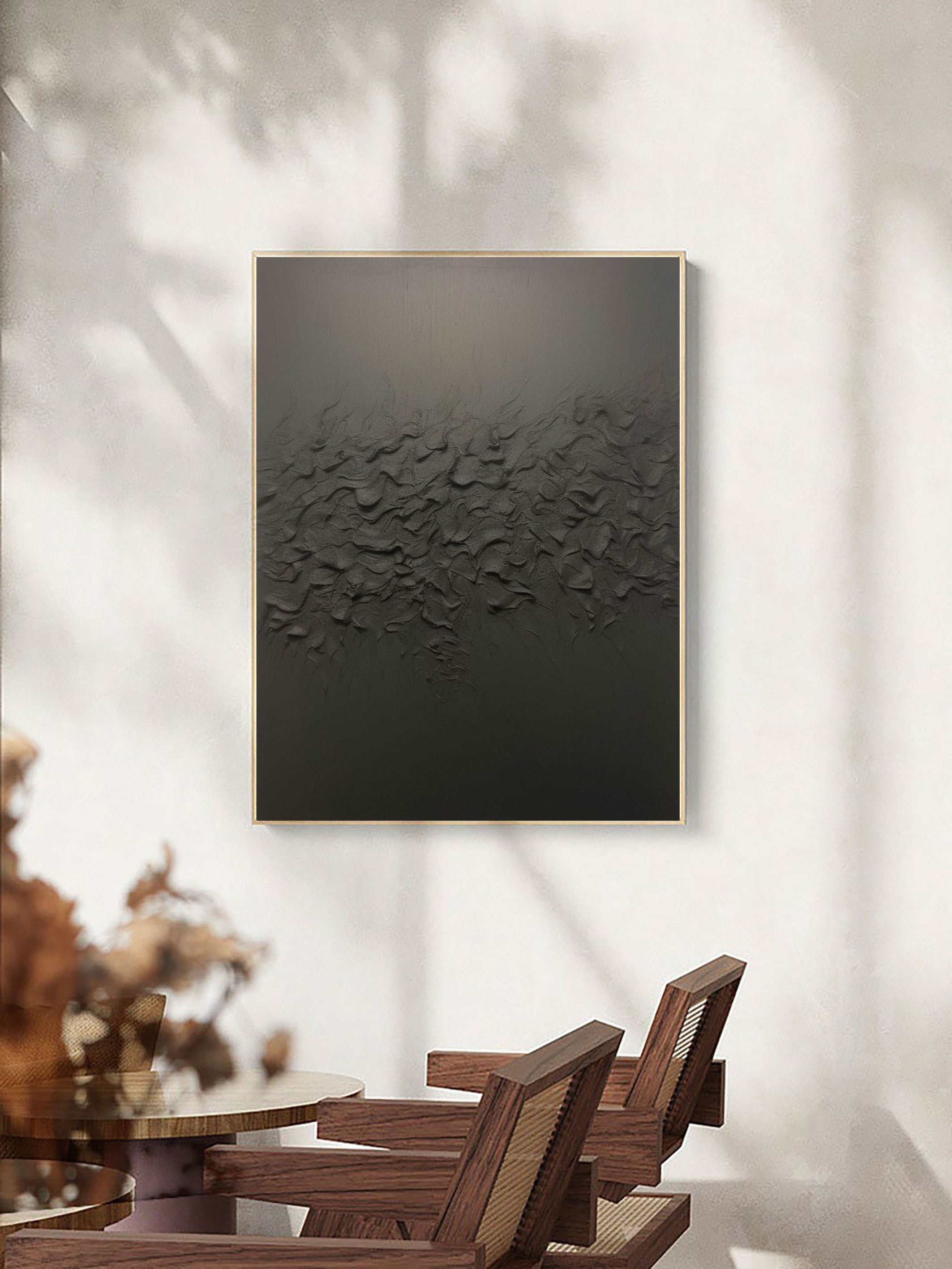 Sculpted Shadows: Black Textured Abstract, Deep Relief Art #BGA 227